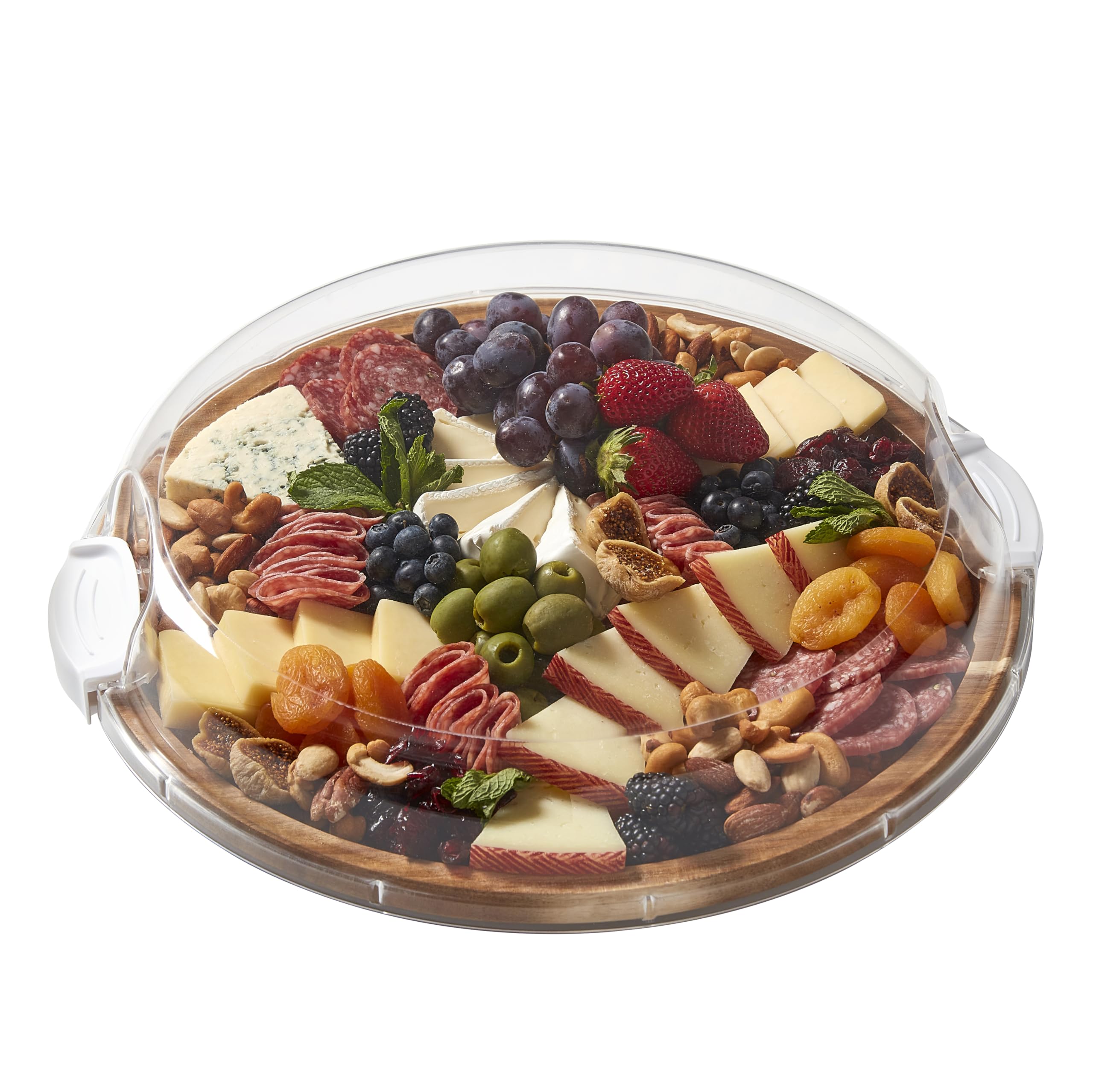 FARBERWARE Build-a-Board Cutting Board with Single Compartment and Clear Locking Lid for Charcuterie, Snacks, and More-Make it. Take it. Enjoy it, 14-Inch Round, Acacia