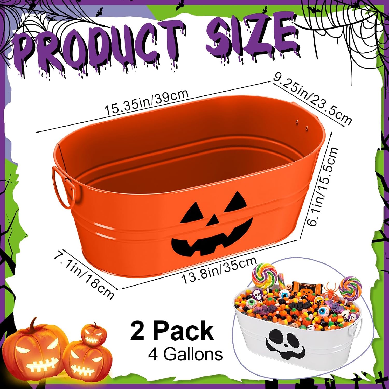 Zonon 2 Pack Halloween Galvanized Buckets, 4 Gal Halloween Candy Bowl