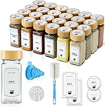 24 Pcs Glass Spice Jars with Bamboo Lids - 120ml Airtight Spice Containers with Shaker Lids, 96 Pre-Printed English Labels, Silicone Funnel & Cleaning Brush – Spice Bottles for Home Kitchen