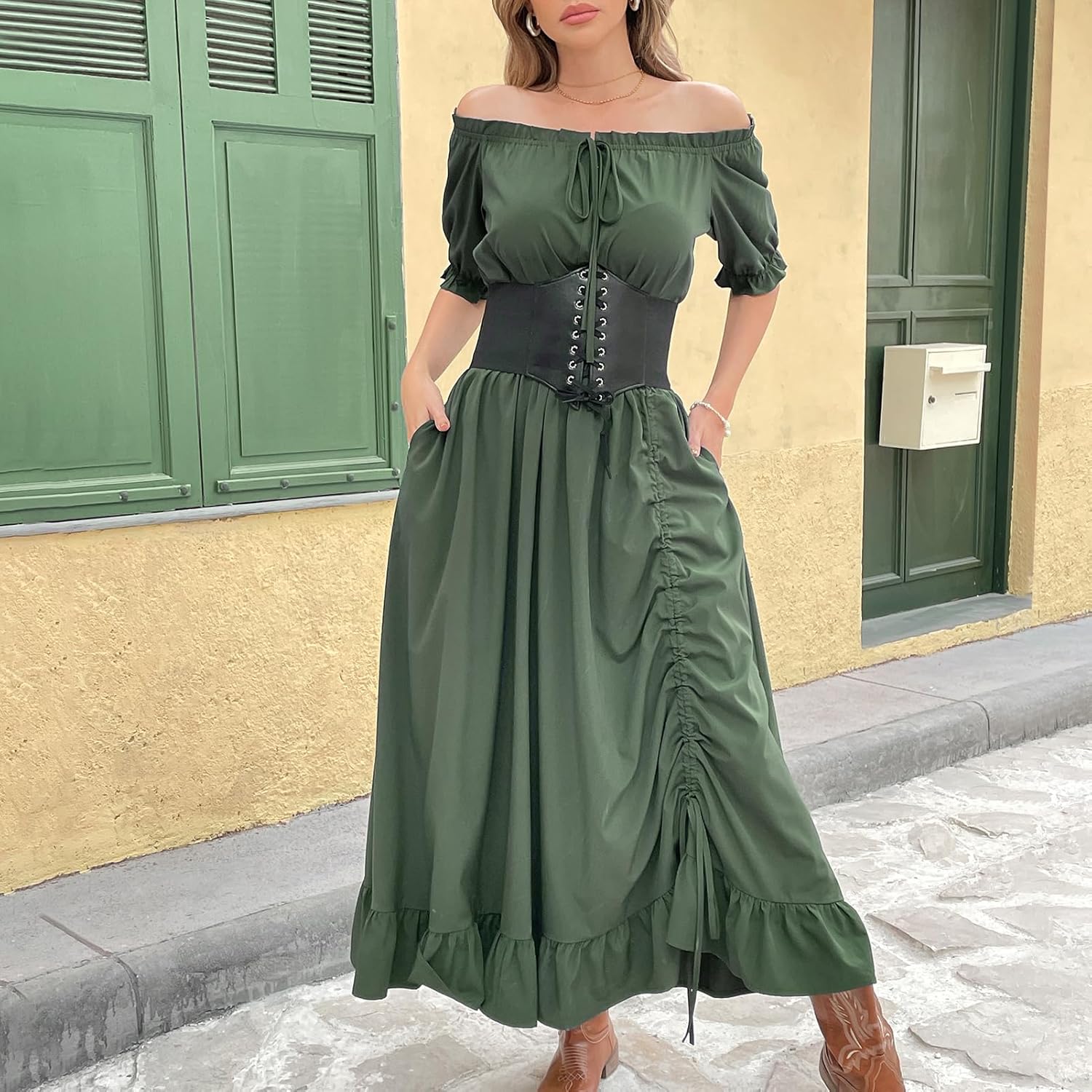 Women Renaissance Dress Costume Medieval Dress with Corset Irregular Fairy Costume Olive Green S - Image 3