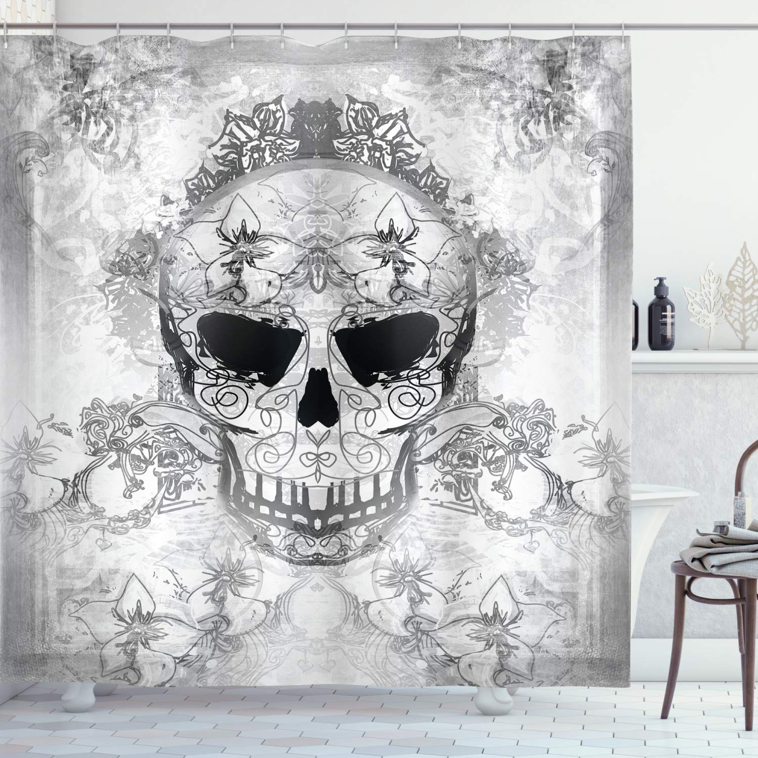 AmbesonneDay of The Dead Shower Curtain, Skull with Oriental Paisley Motifs Celebration Print, Cloth Fabric Bathroom Decor Set with Hooks 70" Long Multi sc_26755