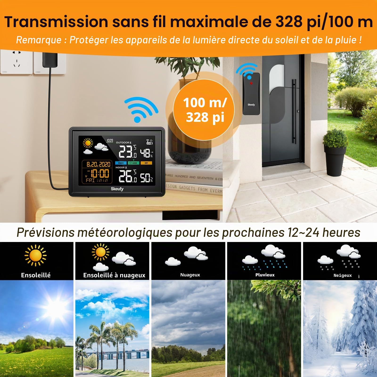 Skeufy Station météo radio avec capteur extérieur, température intérieure/extérieure, humidité, baromètre, écran couleur, prévisions