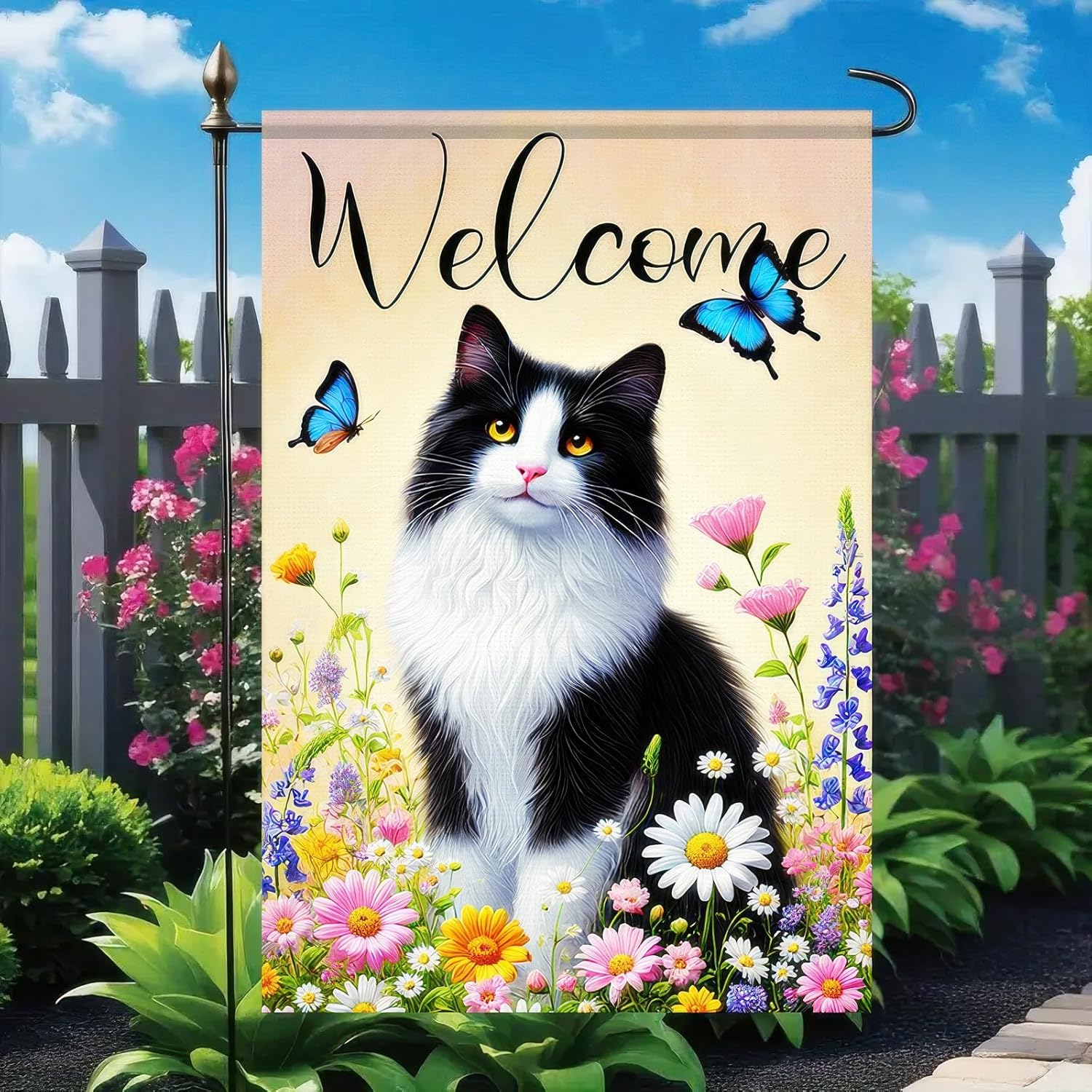 Welcome Garden Flag Spring Summer Cat Garden Flag 12x18 Inch Double Sided Flags Black White Cat Floral Butterfly Outdoor Yard Lawn Porch Decor Banner - Image 3