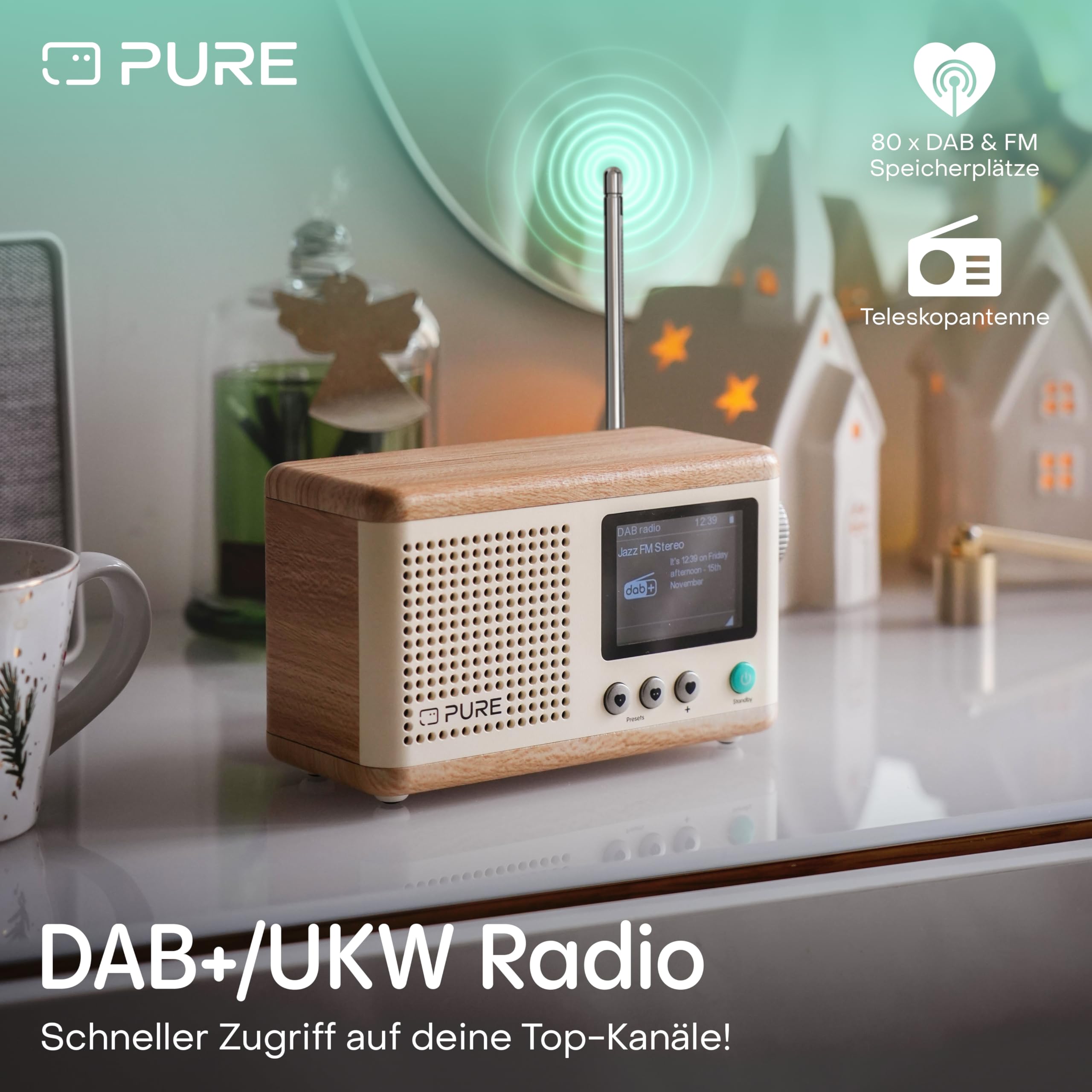 Pure Classic Mini tragbares Digitalradio mit DAB+ & UKW, Bluetooth 5.3, 15h Akku, 5W Lautsprecher, 2.4'' Farbdisplay und USB‑C – kompakter Lautsprecher für Zuhause & unterwegs Baumwoll Weiß/Eiche