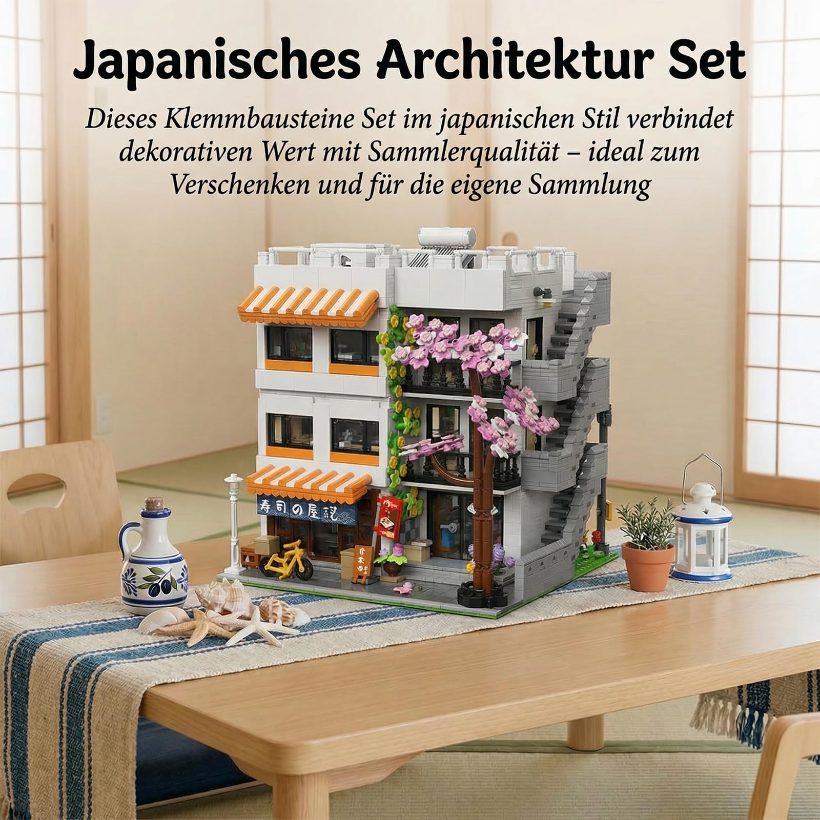 Klemmbausteine Japan Haus mit Licht & 5 Figuren - 3911 Teile Japanische Apartment & Sushi Haus Modular Building, Architektur Bausteine Set mit Kirschblüten für Erwachsene Youmko YM003