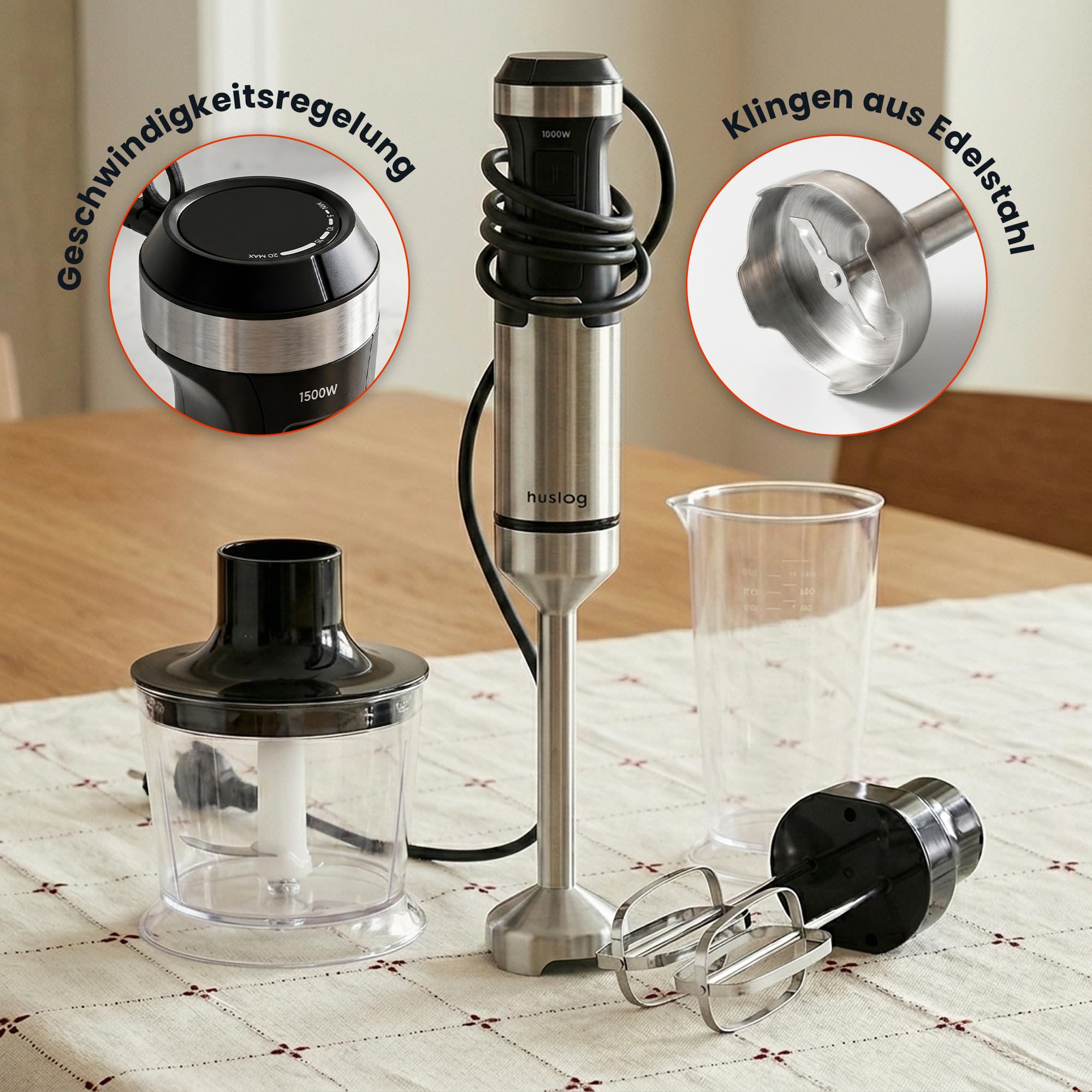 BlendPlus Stabmixer 3in1 – 1500W Hochleistungsmixer mit Edelstahlklingen, Zerkleinerer, Schneebesen & 600ml Messbecher – Stufenlose Geschwindigkeit & Turbo-Funktion – Edelstahl/Schwarz