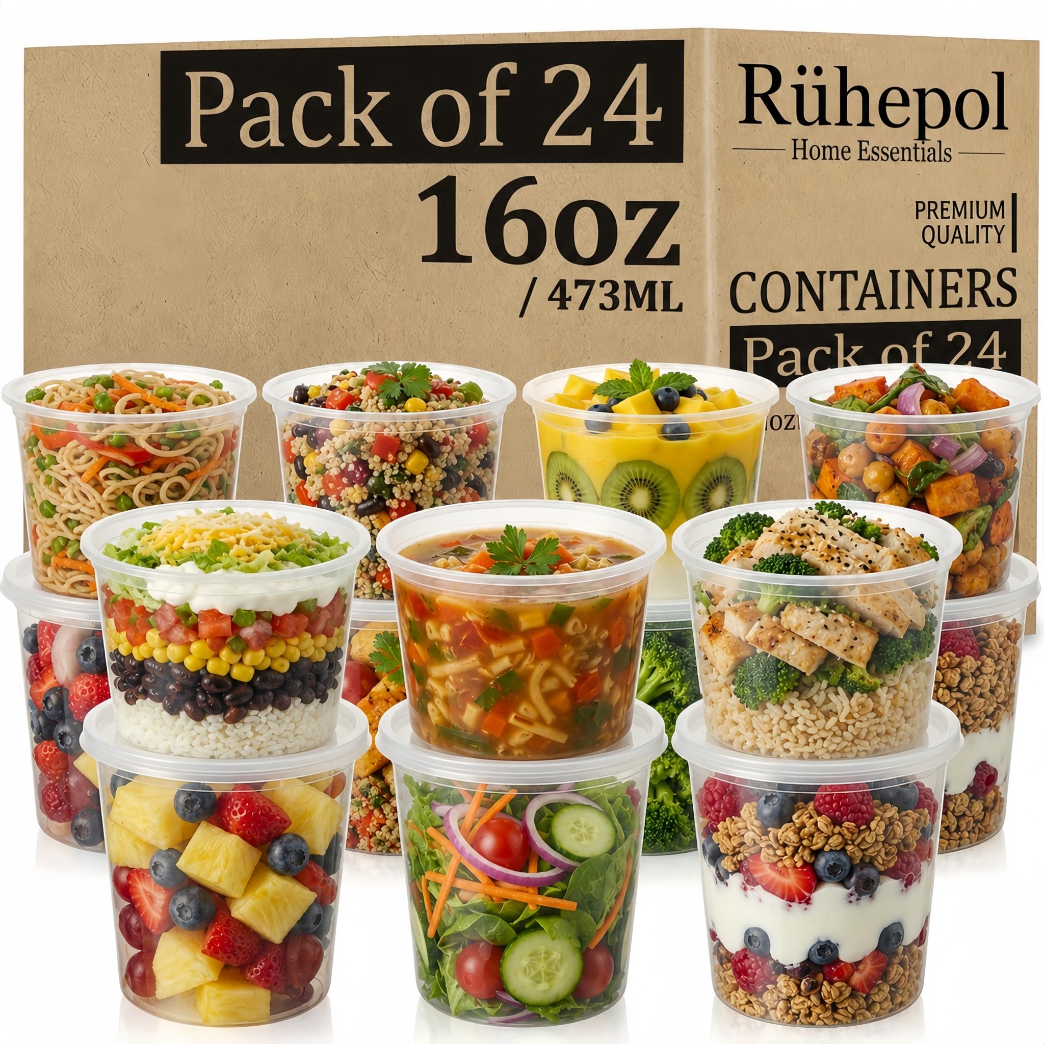 24 Pack 16oz Soup Containers with Lids, BPA Free Plastic Food Storage Containers, Leakproof Reusable Deli Pots, Meal Prep & Batch Cooking Tubs, Freezer Dishwasher Safe, Stackable Takeaway Containers