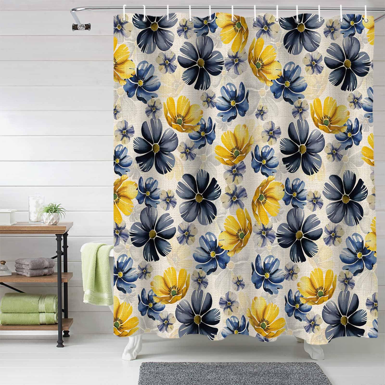 Anzona Farmhouse Floral Waterproof Shower Curtains Set - Stall 48 x 72 Inch, Pastoral Gray Yellow Flowers Burlap Polyester Fabric Bathroom Curtain