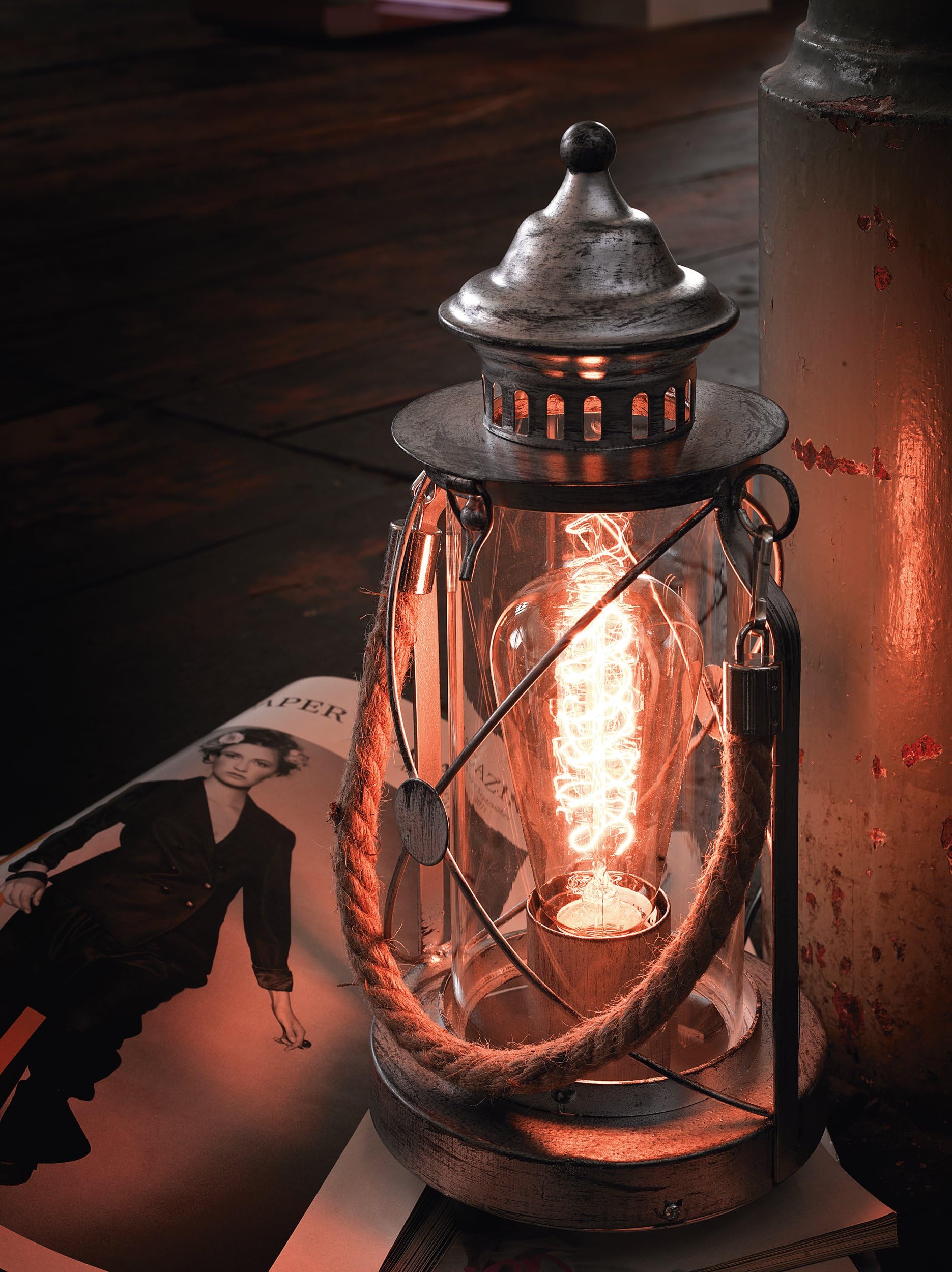 EGLO Tischlampe Bradford, 1 flammige Vintage Tischleuchte, Laterne