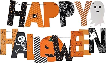 YLAB Happy Halloween Banner Bunting – 2m Pre-Strung Halloween Garland on Card – Ghost, Pumpkin, Skeleton & Spider Design – Halloween Party Decoration for Home, School, Office & Events