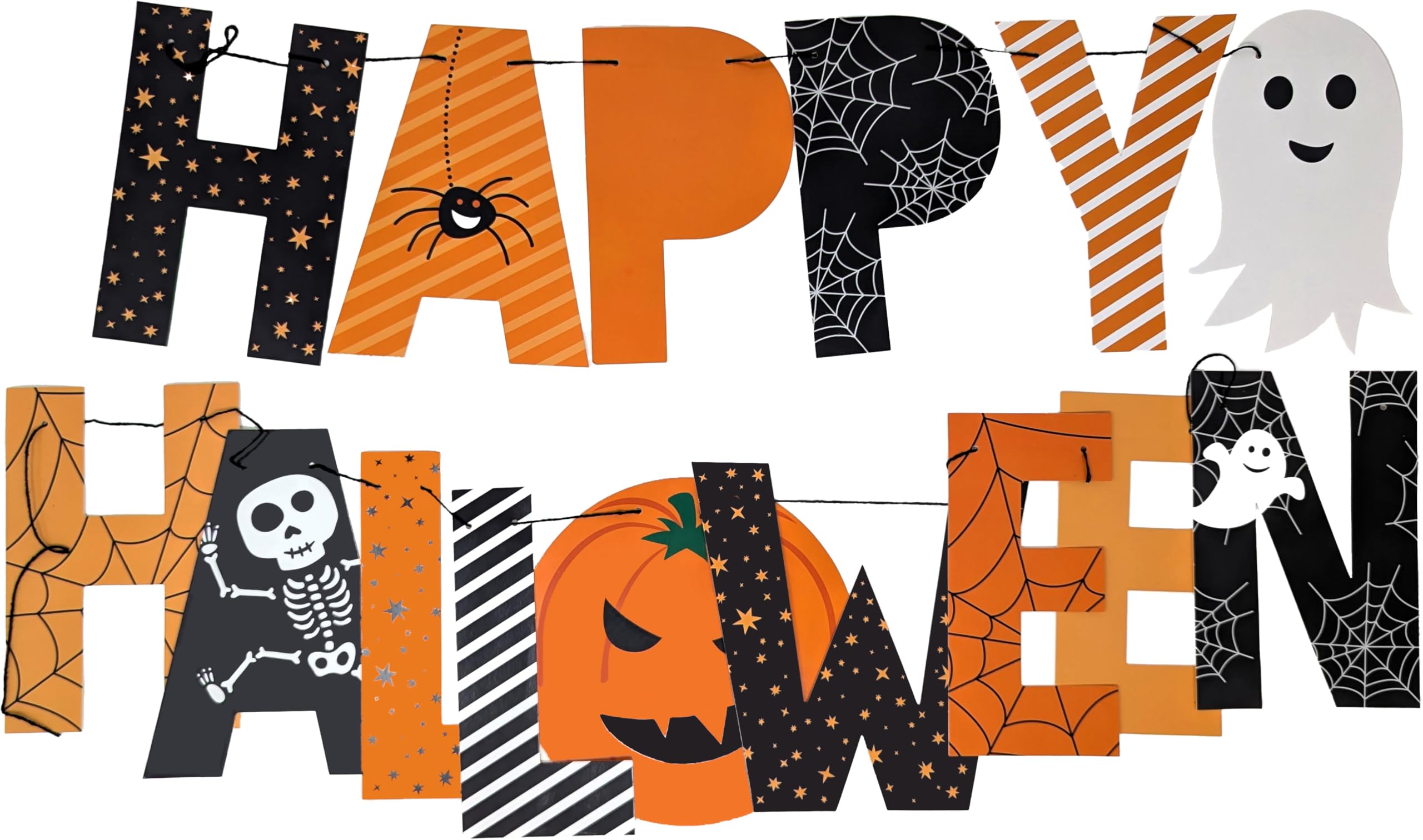 YLAB Happy Halloween Banner Bunting – 2m Pre-Strung Halloween Garland on Card – Ghost, Pumpkin, Skeleton & Spider Design – Halloween Party Decoration for Home, School, Office & Events