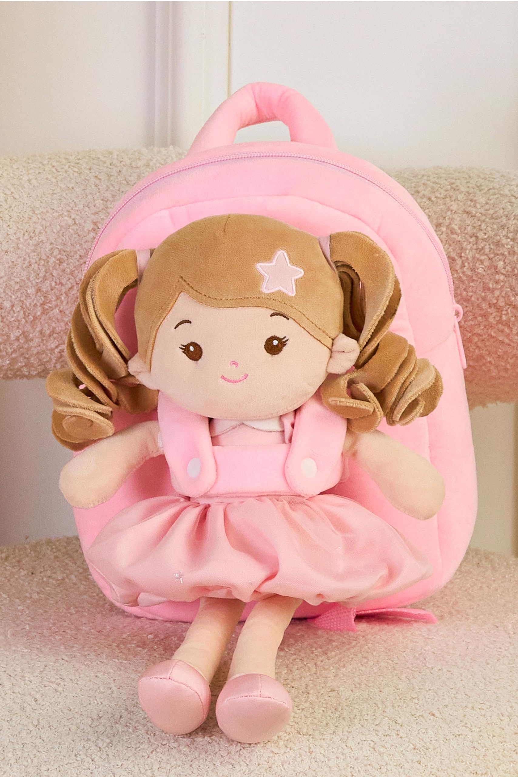 LeyaDoll Personalisiertes, weiches Baby-Puppen-Rucksack-Set, 1 Jahr altes Mädchen, Geschenke | Inklusive pinker Geschenktüte, Schlafenszeit Buddy für Kleinkinder, gesticktes Gesicht und butterweich, maschinenwaschbar