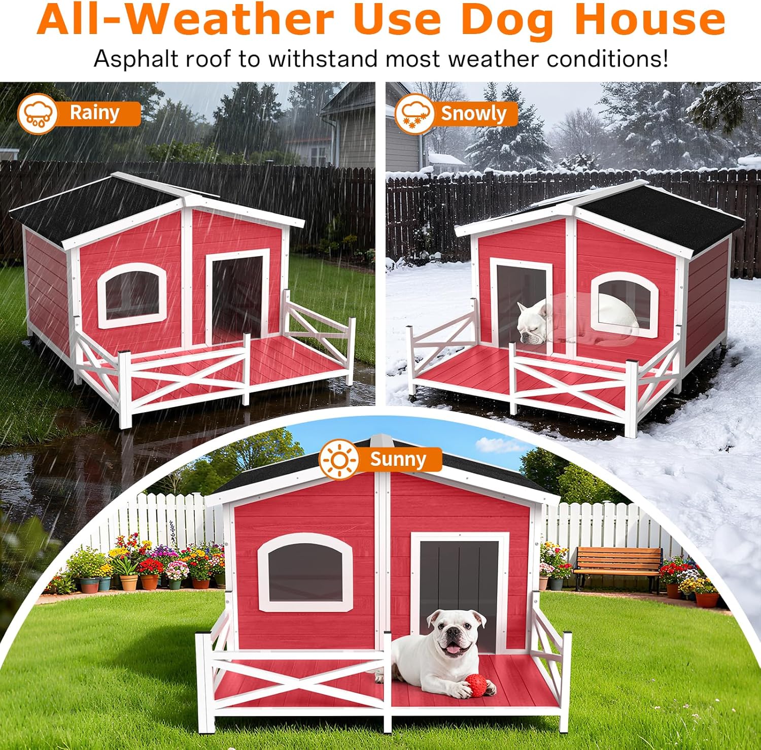 Outdoor Dog House with Porch, Large Dog Kennel Keep Safe in All Weather, Unique Weatherproof Roof ＆Anti-Bite Design Dog Home for Small Medium Large Dogs Outside