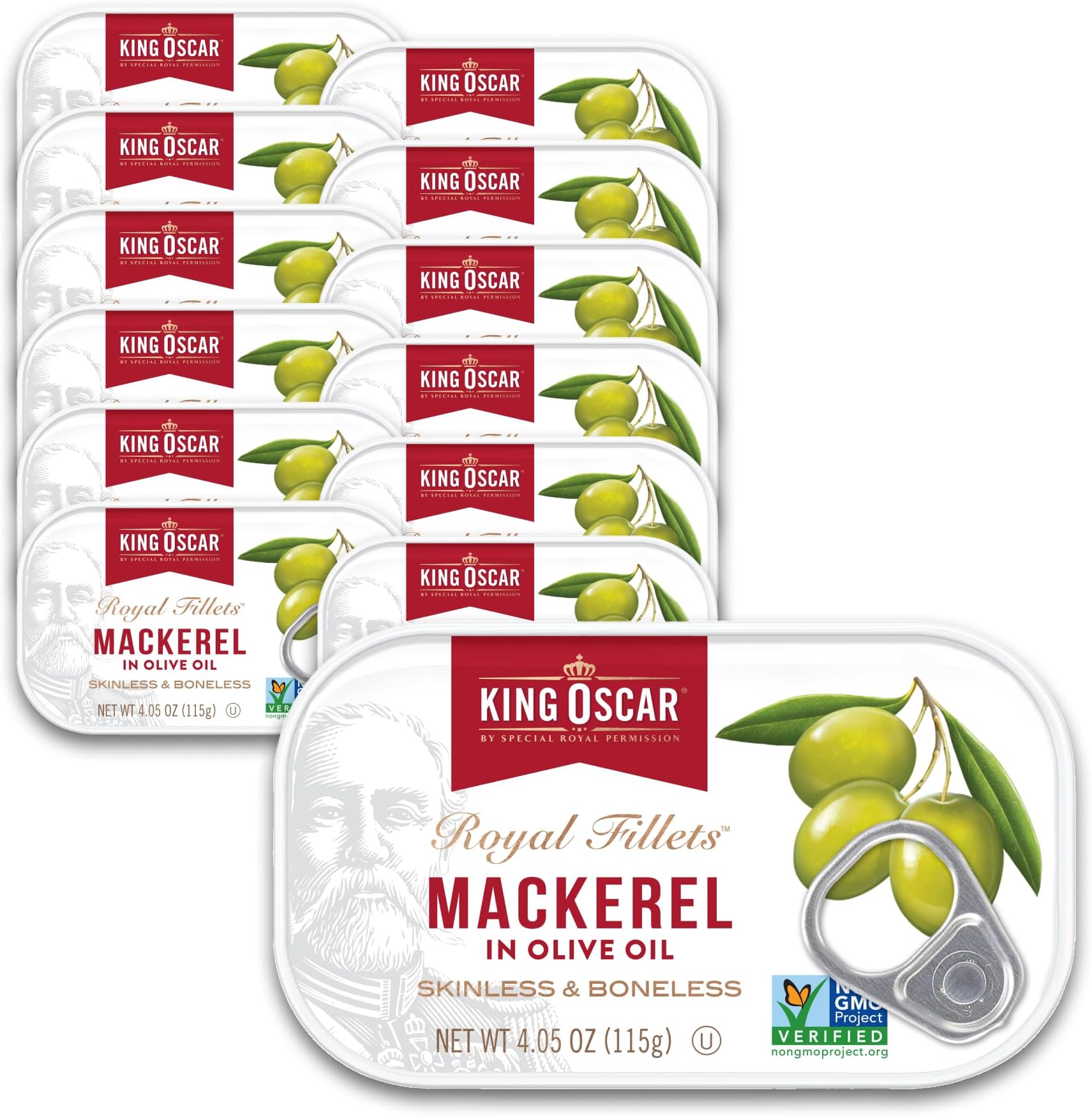 King Oscar Mackerel in Olive Oil, 4.05 Ounce Can (Pack of 12, Packaging May Vary), Skinless & Boneless, Wild Caught Canned Mackerel