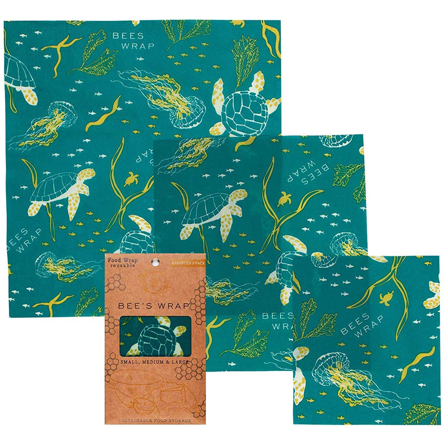 Bee's Wrap Reusable Beeswax Food Wraps Made in the USA, Eco Friendly Beeswax Wraps for Food, Sustainable Organic Cotton Wraps, Assorted 3 Pack (S, M, L), Ocean
