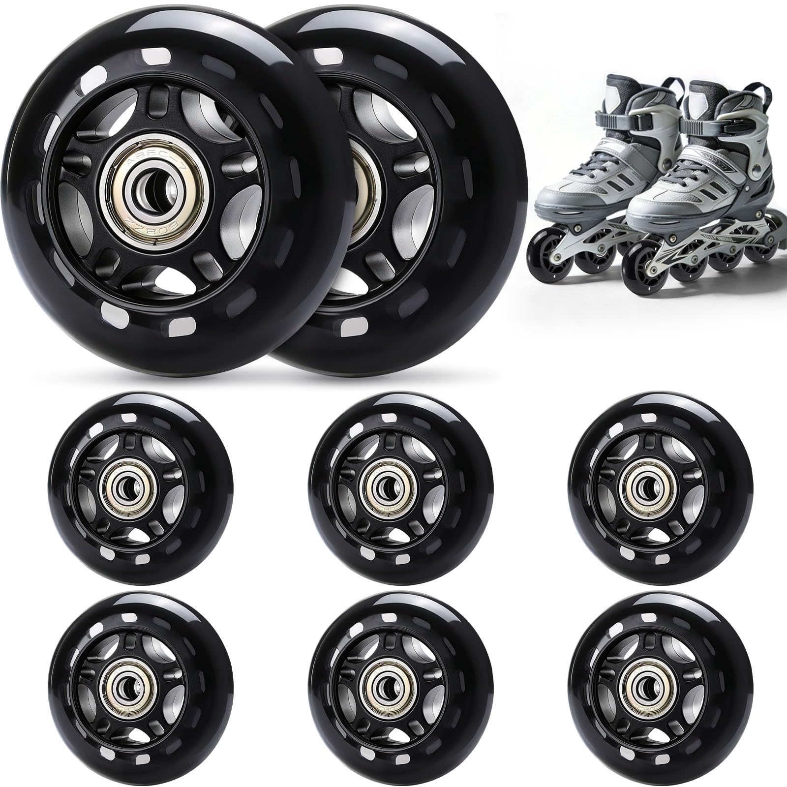 TOBWOLF 8er-Pack 70 mm 82A Inline-Skate-Räder mit ABEC-7-Lagern, Rollschuh-Ersatzräder für Mädchen und Jungen – Schwarz
