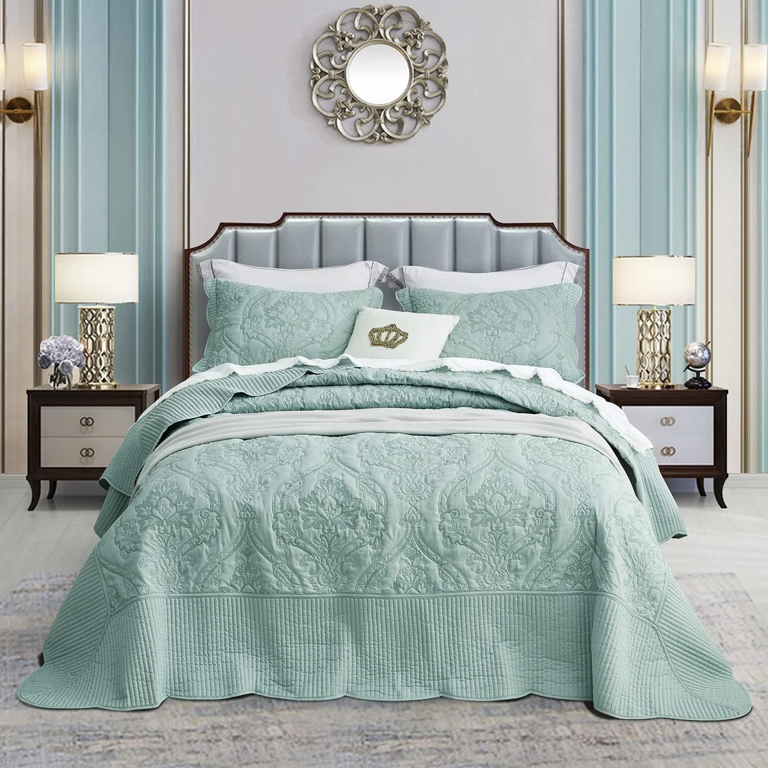 CHIXIN Oversized Bedspread Coverlet Set King Size - Lightweight Bedding Cover - Beautiful Stitching - 5 Piece Reversible Bedspread - Gorgeous Damask Paisley Pattern (King, Seaglass)