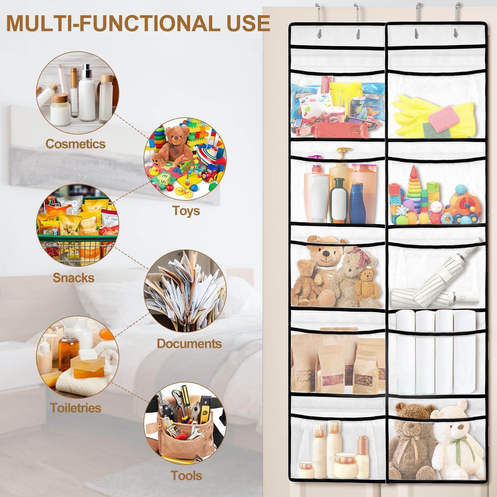 AiQInu Colgando Organizer z 10 kieszeniami z siatki i 4 haczykami, składana półka wisząca, organizer do szafy w akademiku, Baño, Cocina, Oficina (125 x 55 cm)