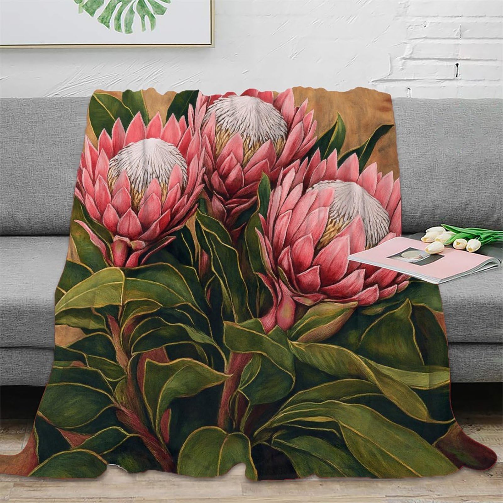 Phqazwsxe Xu5s0bmkhj0l 3D Printed Protea Flowers Bedding Blanket Microfiber Warm Soft Bedding Cosy Botanical Art Painting Couch Blanket Luxurious Gift For Holiday Celebrations Birthday Anniversary 50X60inch(127X152cm)