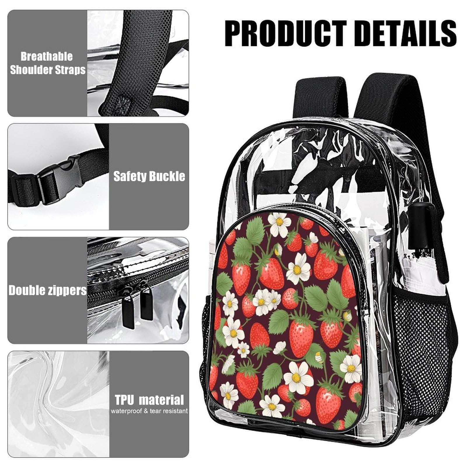 Strawberry3 Transparenter Rucksack, groß, transparent, PVC, Büchertasche für Sicherheit, Arbeit, Reisen, Stadion