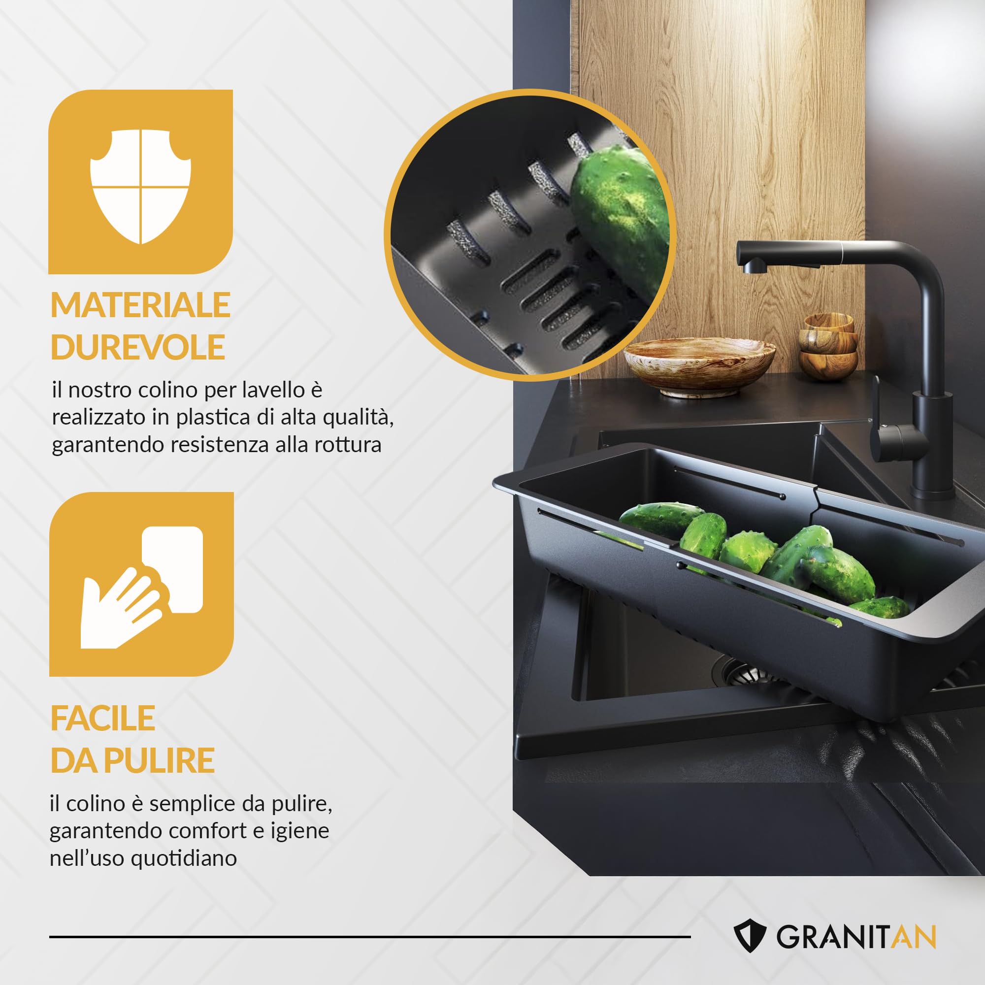 Cestino per Lavandino Cucina per Frutta e Verdura - Regolabile (32-46 cm) Gocciolatoio per Lavello - Scolapasta da Lavello - Nero - Granitan