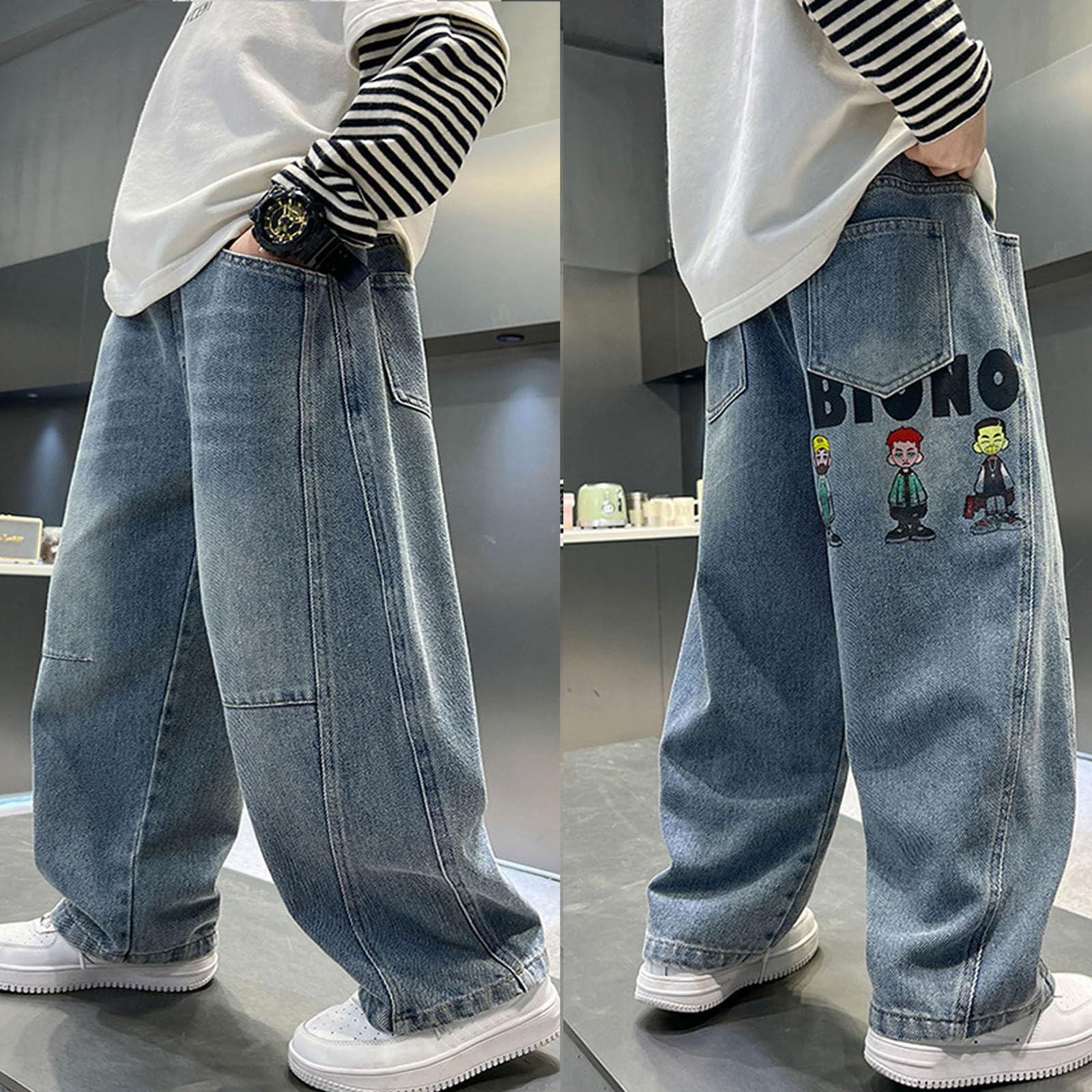 Baggy Jeans Niño, Pantalones Vaqueros Holgados para Niño con Corte Recto y Diseño Desgastado