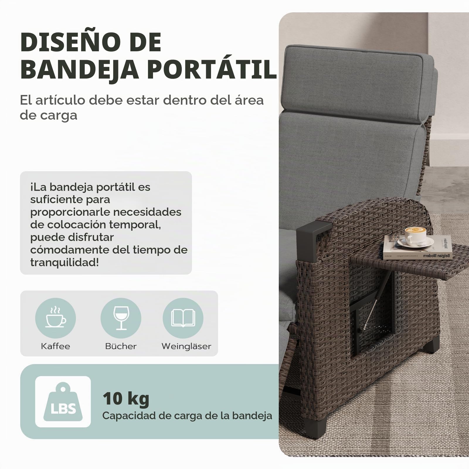 UDPATIO Sillón Ratán Jardin Exterior Reclinable, Tumbona de Jardín Ajustable 150°, con Respaldo Ajustable, Fundas + Extraíbles Cojines, Impermeable, para Interior y Exterior - Marrón