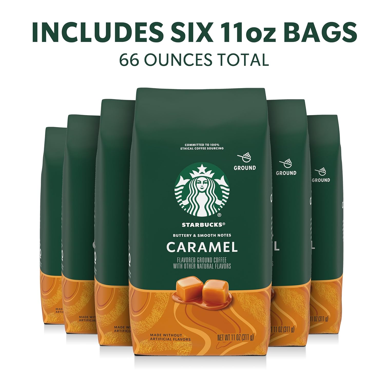 Starbucks Ground Coffee, Flavored Hot or Iced Coffee, Caramel, Six 11 oz Bags​