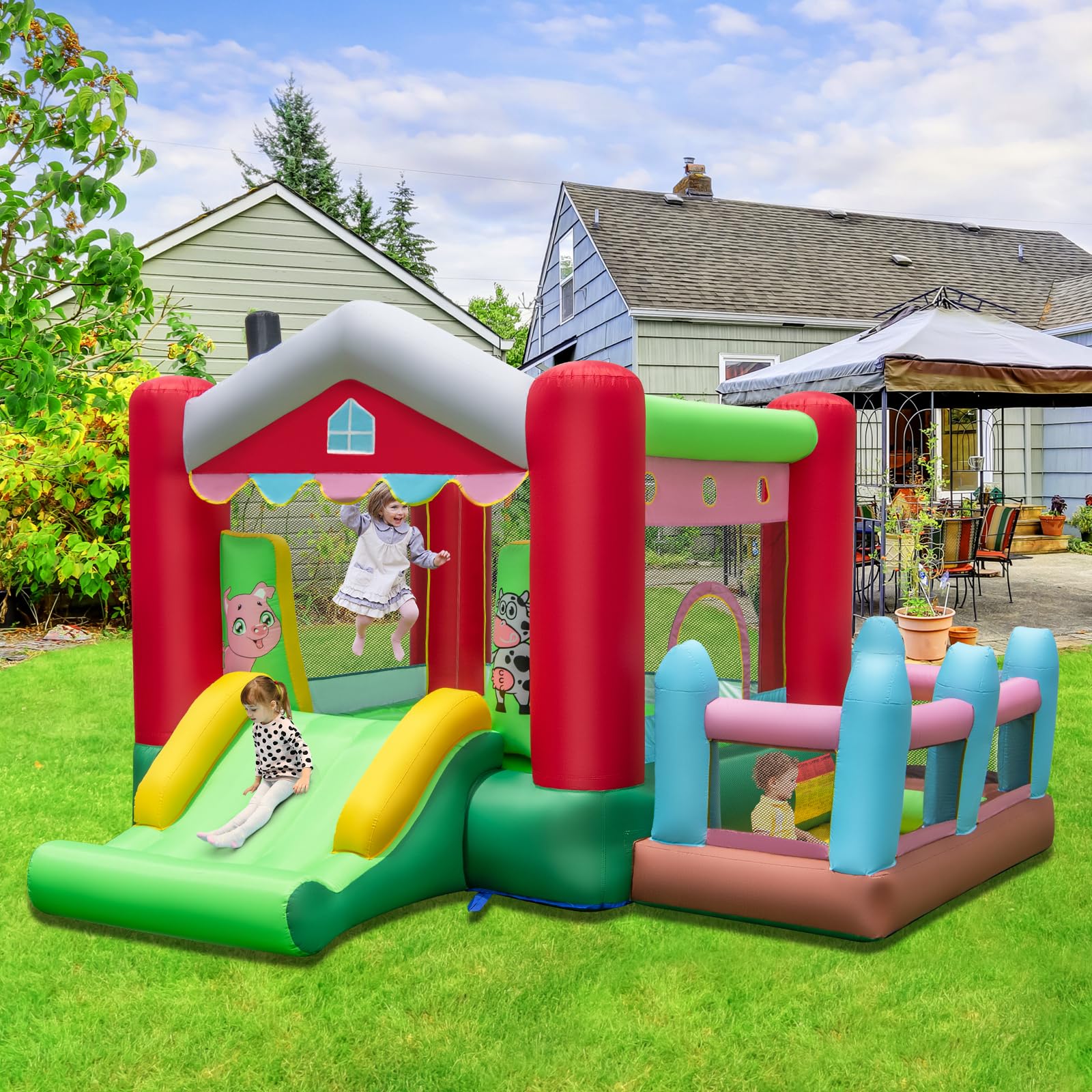 GLACER Inflatable Bounce House with Slide, 4 in 1 Blow Up Bouncy Castle with Jumping Area, Ball Pit and Basketball Hoop, Indoor Outdoor Inflatable Water Park for Backyard Party