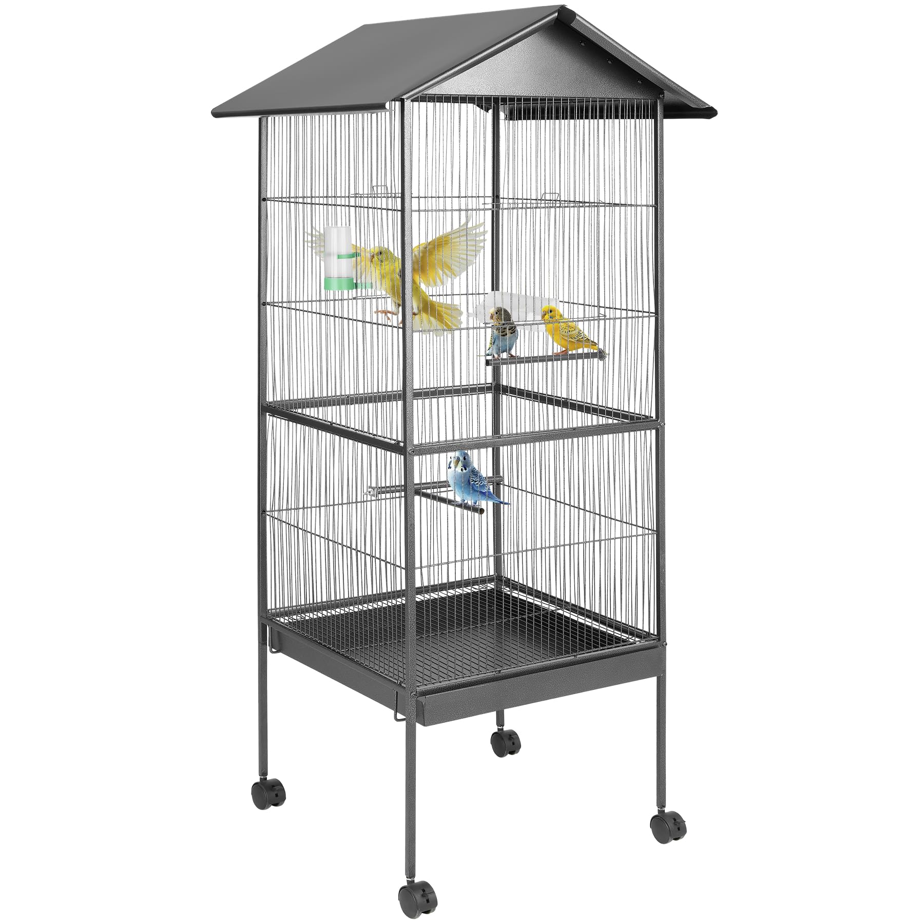 tectake® Large Bird Cage on Wheels with Pitched Roof, 2 Sliding Doors & Sand Tray, Incl. Feeding Station, Water Dispenser & 4 Perches, Ideal Parrot, Canary, Cockatiel & Budgie Cage - 65 x 66 x 162 cm