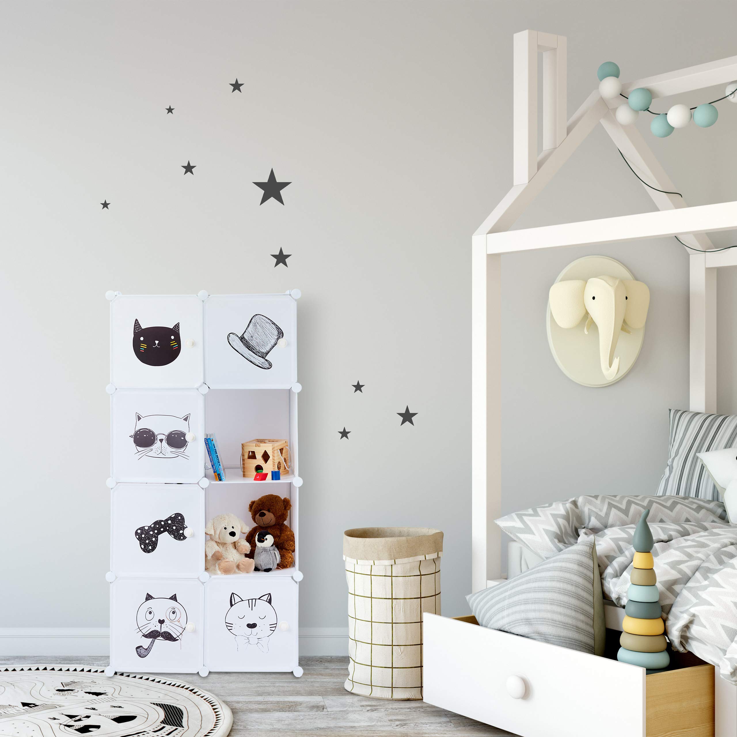 Relaxdays Estantería Infantil, Gatos, Siete Compartimentos, Perchero, Armario, 145 x 74 x 36,5 cm, Blanco