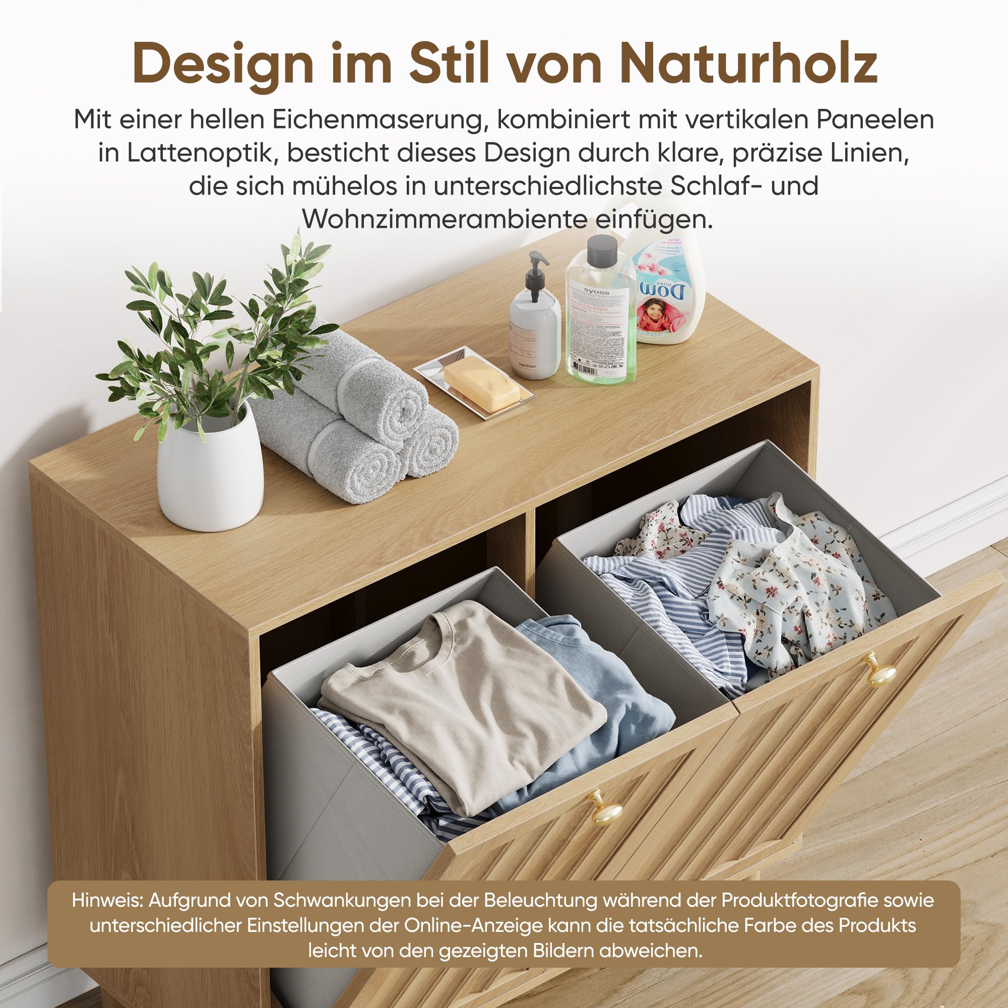 Badezimmerschrank mit Wäschekorb Eiche – schräger Wäscheschrank mit 2 herausnehmbaren Körben, Badschrank mit Wäschekippe & Kippschutz – freistehender Home-Organizer für Waschküche & Bad