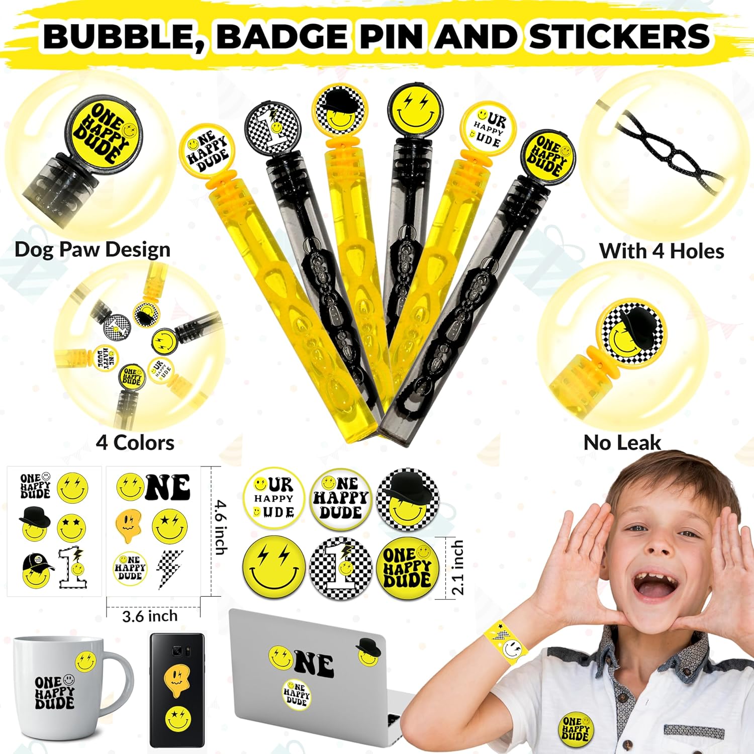 84 Pcs One Happy Dude Birthday Party Favor, 12 Set of Smile Face Theme Gift Box Straw Bubble Stickers Smile Badge Pin for First Birthday Party Supply