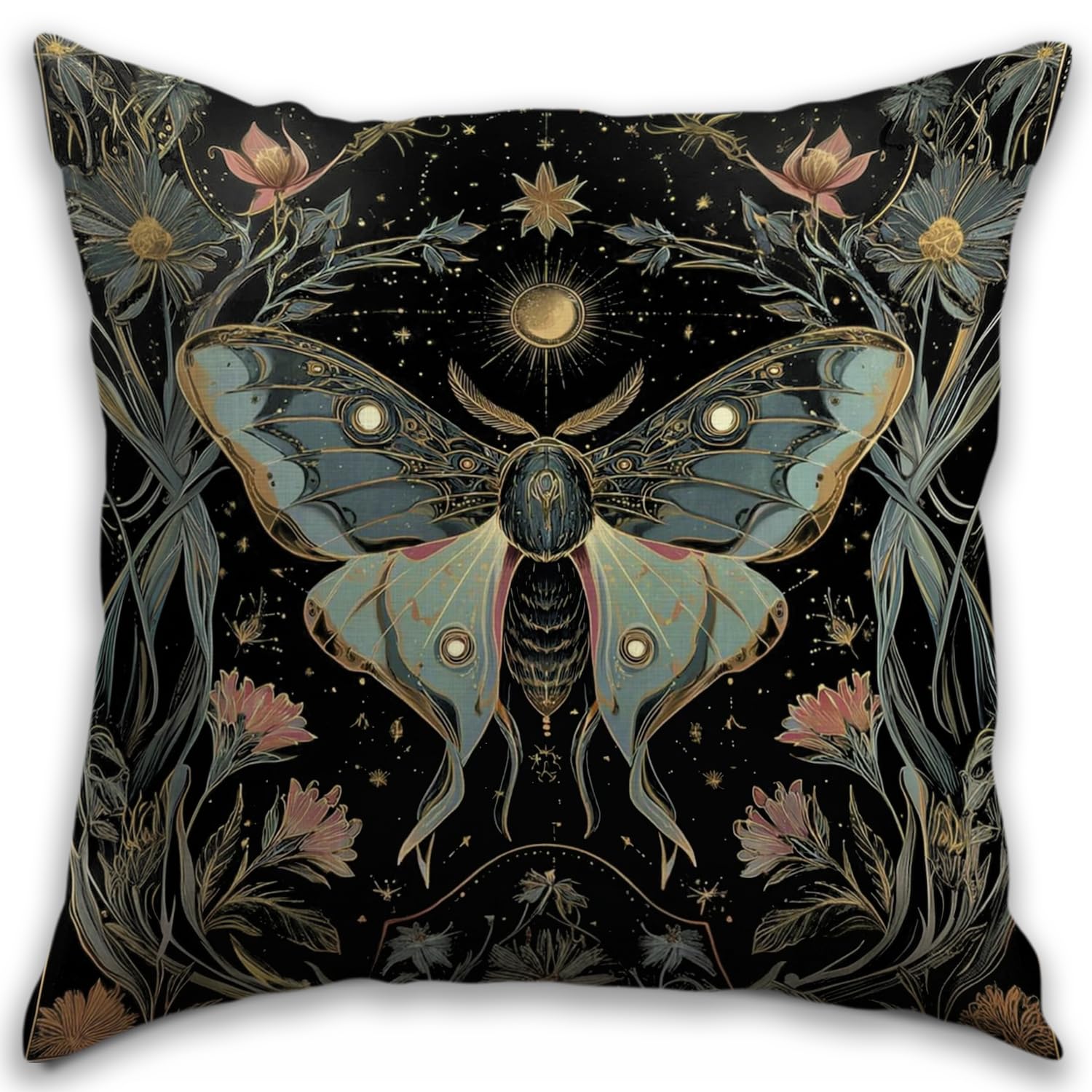Vintage Floral Throw Pillow Cover 18x18 - William Morris Inspired Luna Moth Decor Pillowcase | Indoor Outdoor Cushion Case for Sofa Couch Bed Living Room Bedroom Home (Black&Butterfly, 18 x 18inch)