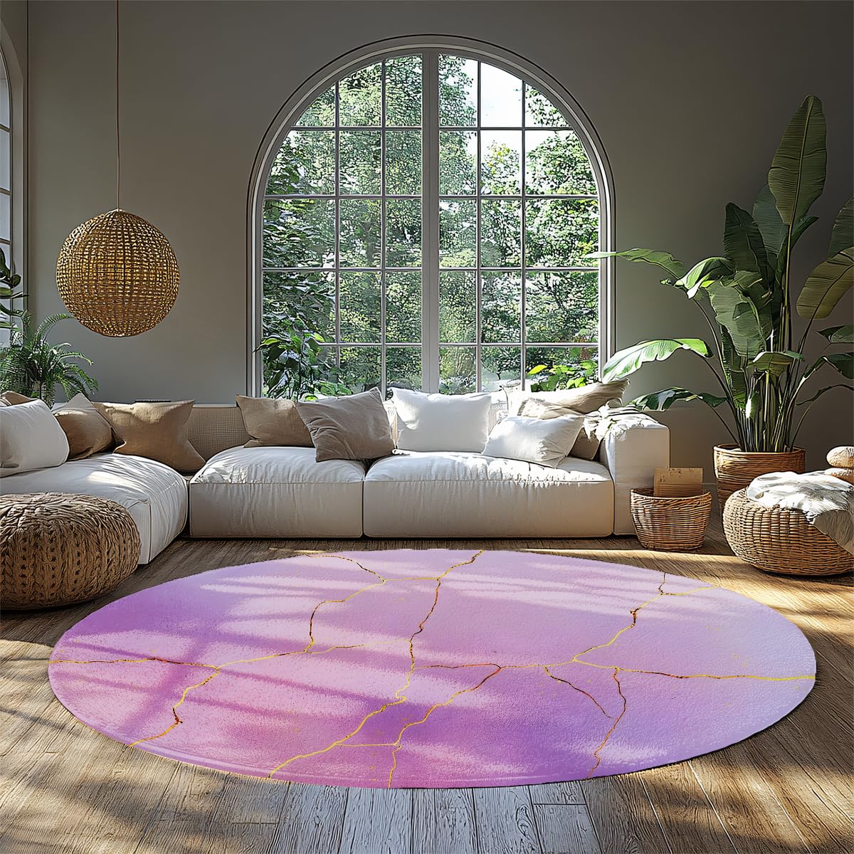 Tapis de sol doux pour pièce nuit violet rond 135cm décor intérieur