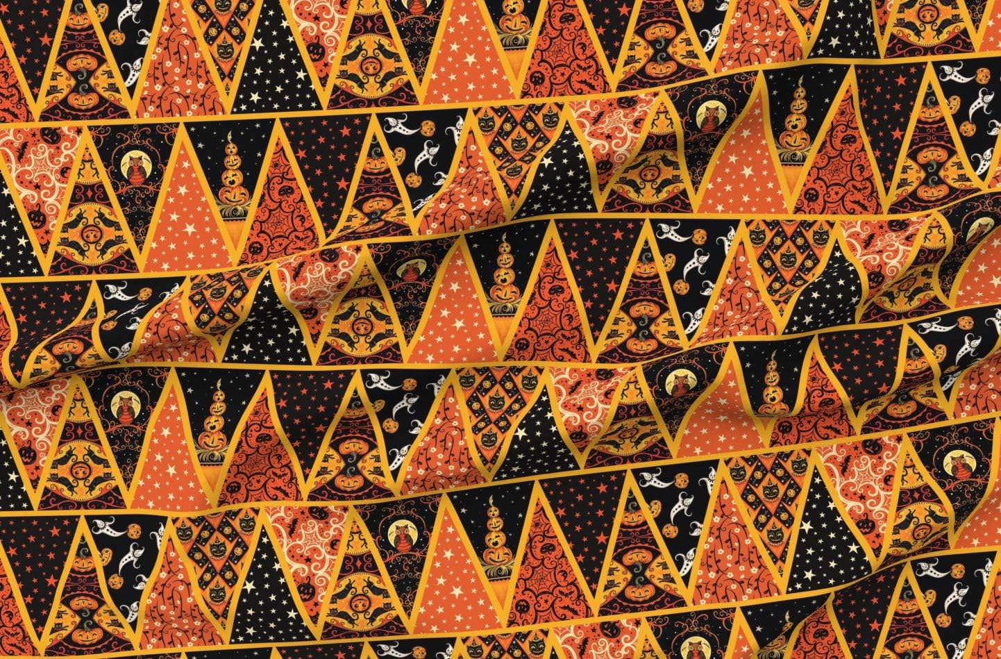 Spoonflower Fabric - Halloween Patchwork Quilt Whimsical Illustration Vintage Printed on Petal Signature Cotton Fabric Fat Quarter - Sewing Quilting Apparel Crafts Decor
