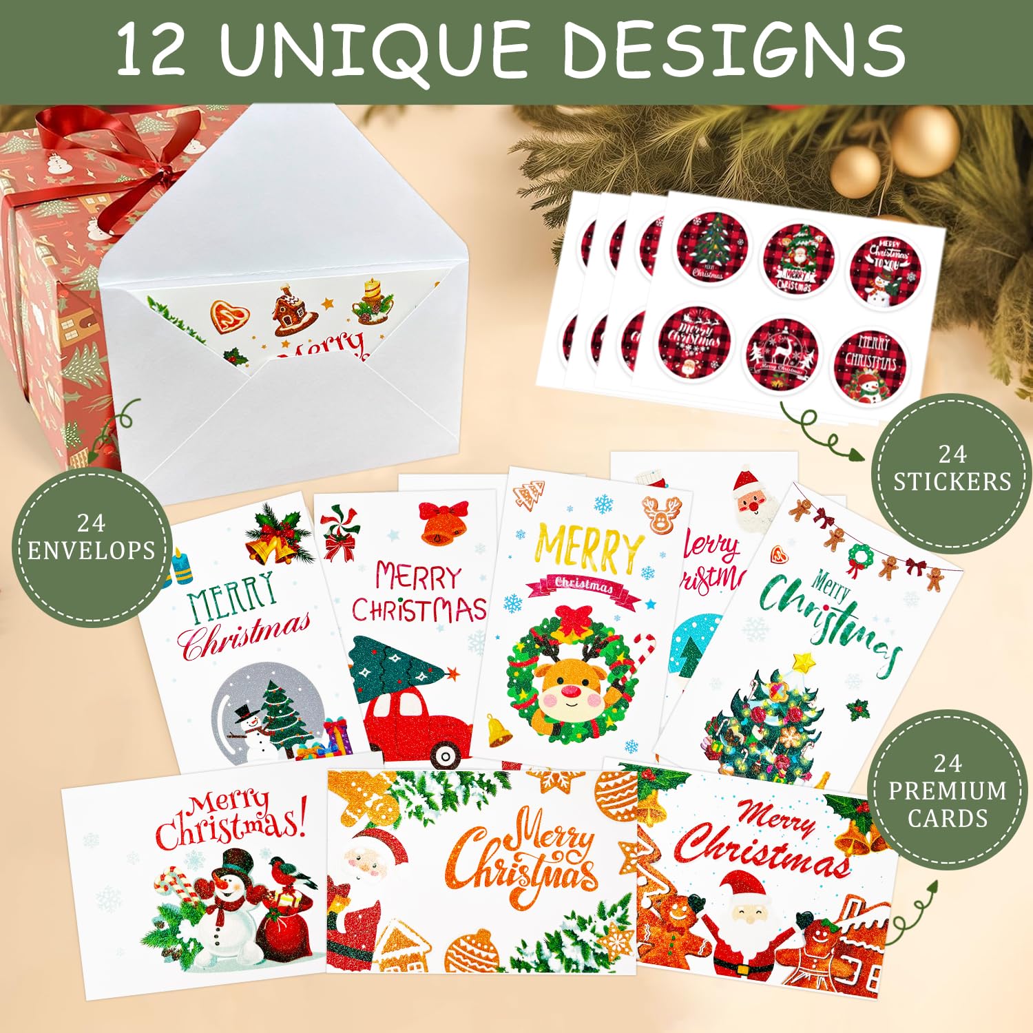 Tarjetas de felicitación de Navidad, paquete de 24 tarjetas de regalo de Navidad hechas a mano con sobres y calcomanías, 12 diseños para Navidad familiares y saludos de vacaciones