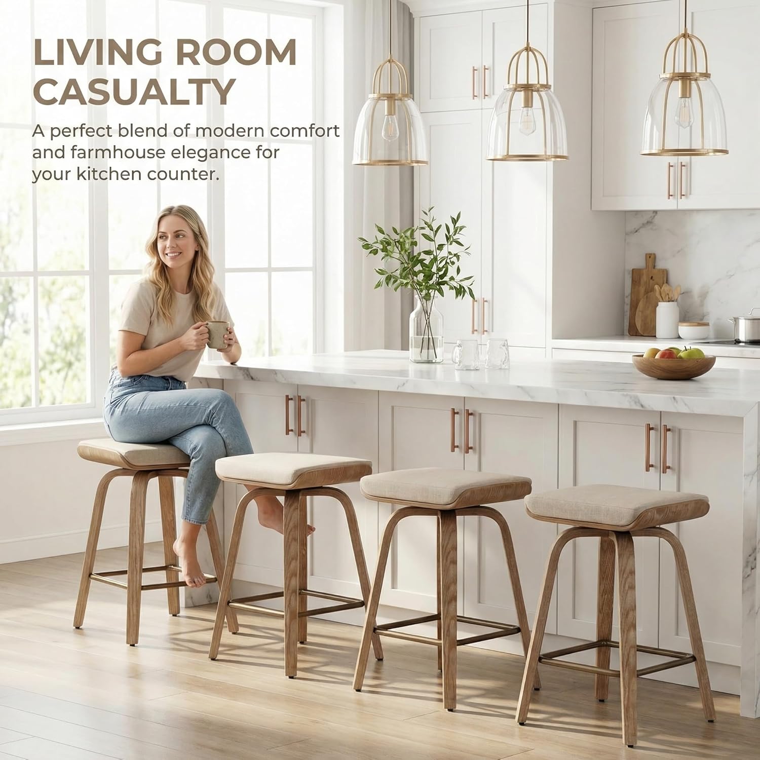 HNY 26" Swivel Bar Stools Set of 2, Backless Counter Height Stools with Removable Beige Linen Cushion (Velcro), 360° Rotating Rustic Farmhouse Wooden Saddle Stools with Footrest for Kitchen Island