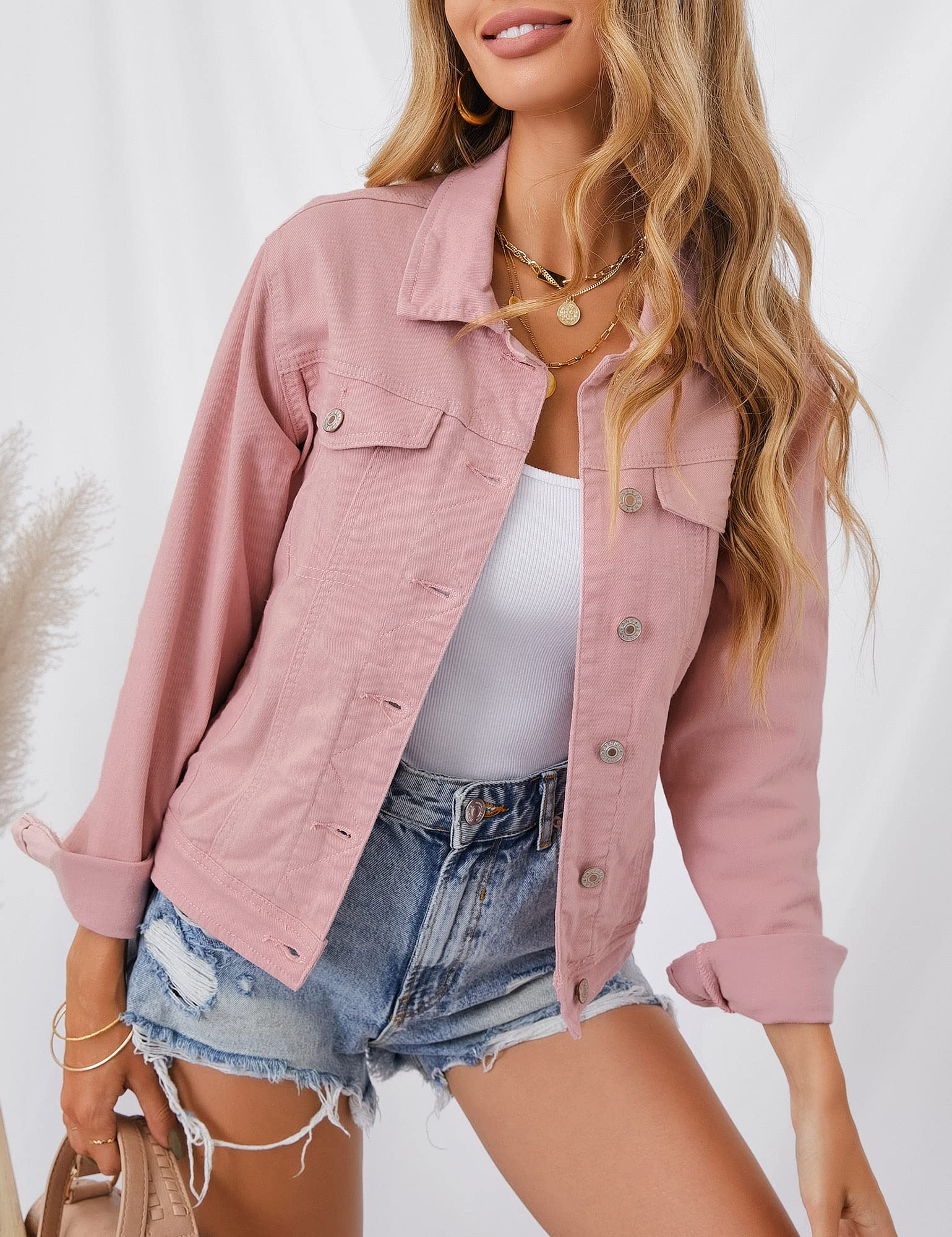 Roskiky Jeansjacken Damen Jean Stretchy Langarm Trucker Jacke mit Tasche