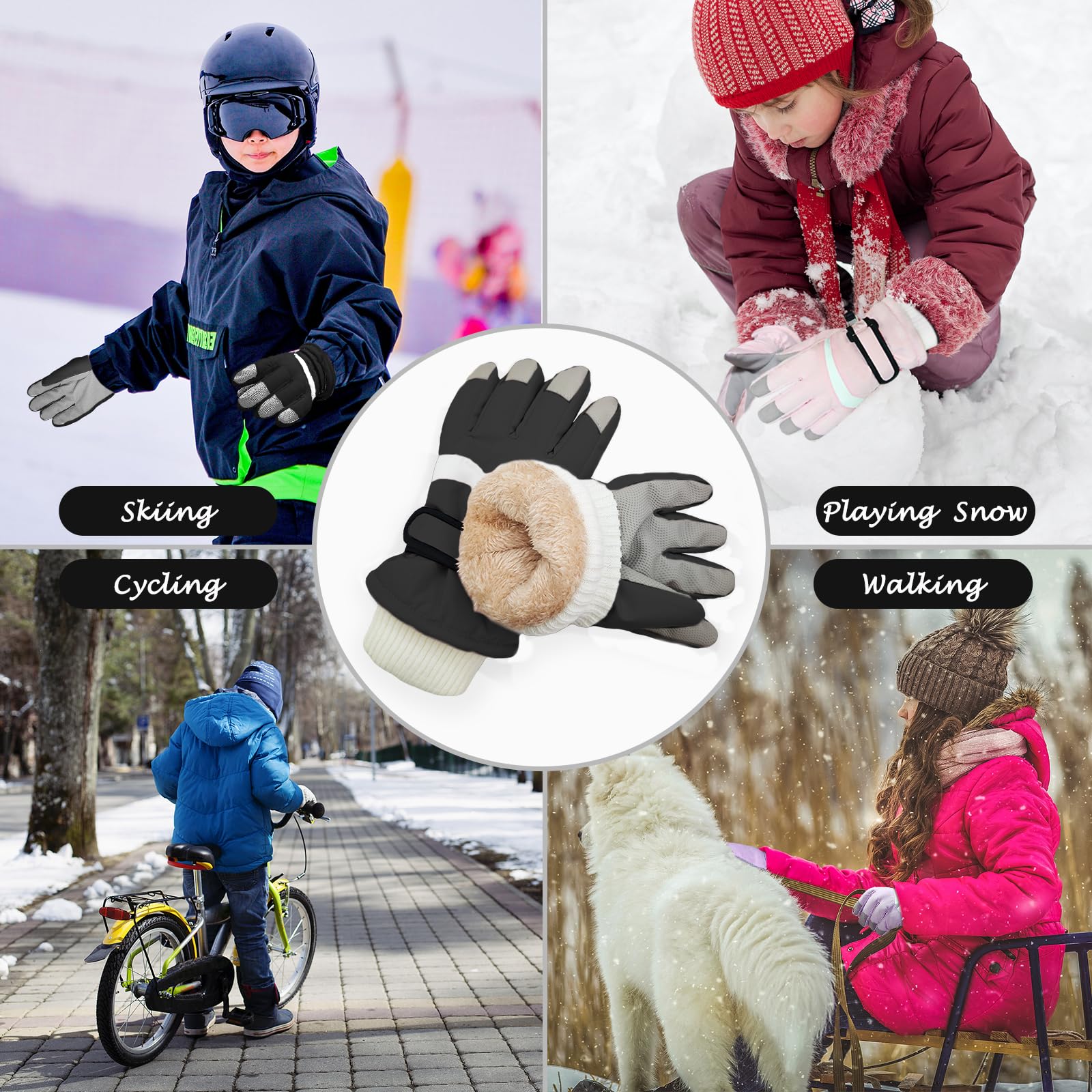 Guantes de Esquí Impermeables para Niños Niñas, Guantes de Nieve Forro Polar Cálido para Snowboard