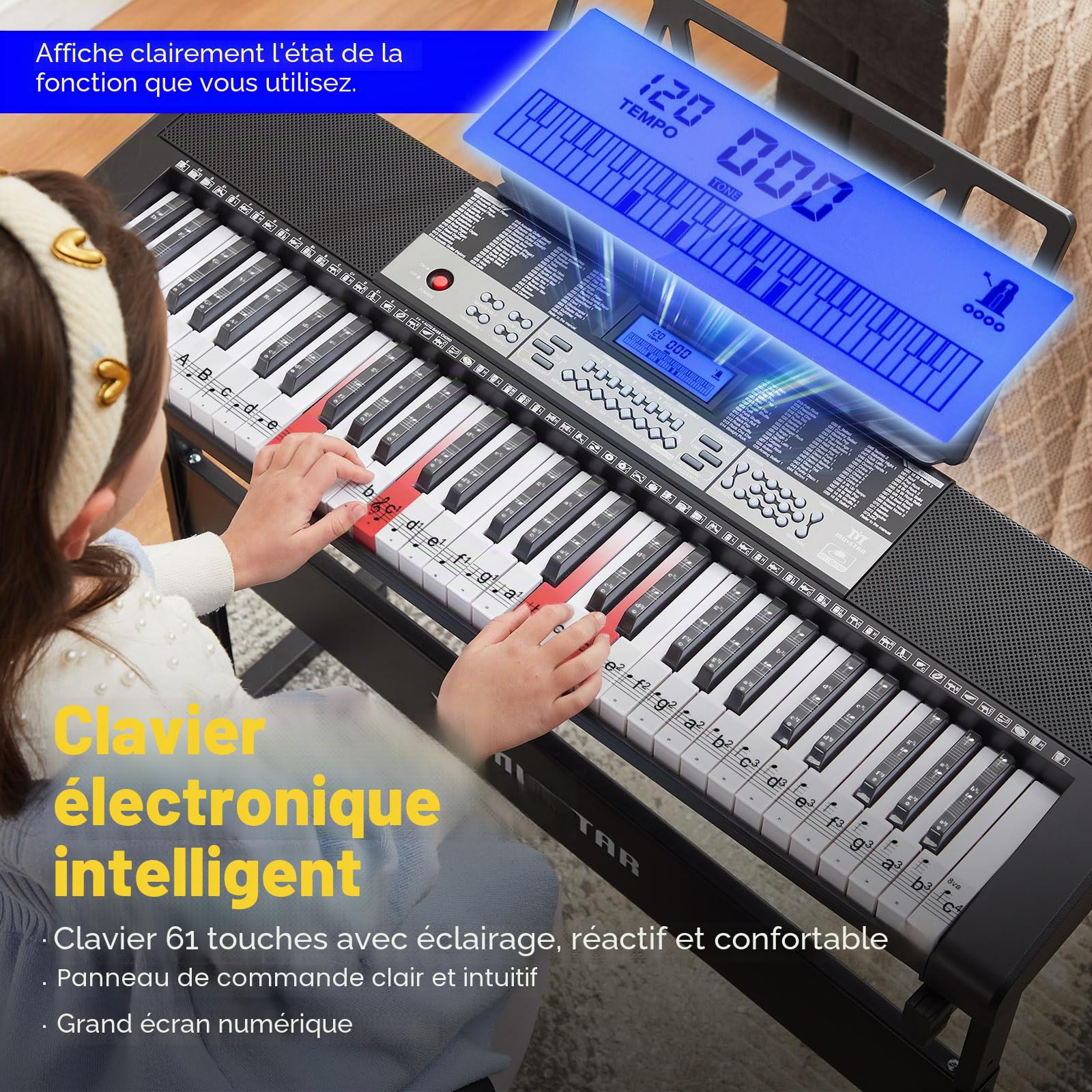 MUSTAR Piano à clavier lumineux 61 touches, clavier numérique pour débutants, piano électrique avec enseignement intelligent, support, tabouret, casque (Noir)
