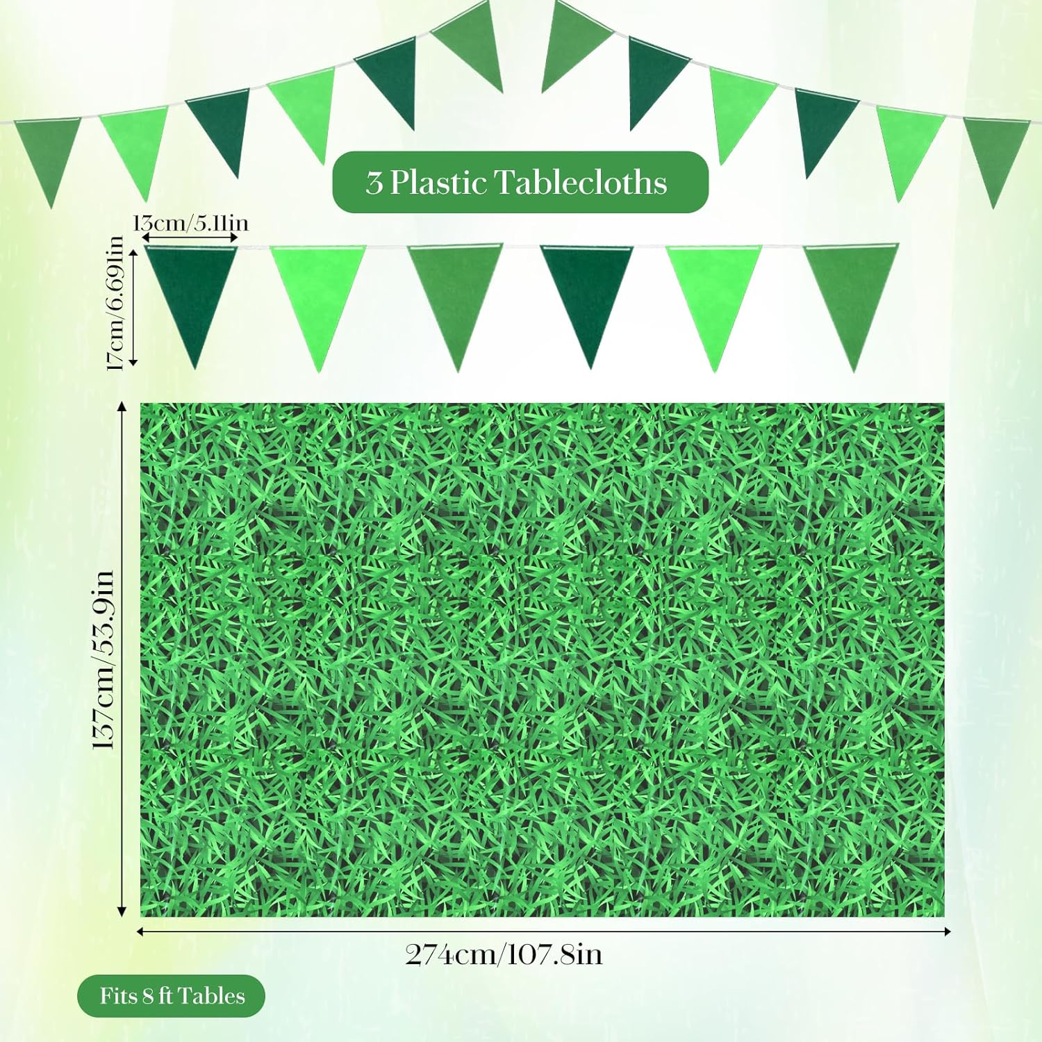3 Pcs Green Grass Tablecloths with 8.2 Feet Green Triangle Banner, 54 x 108 Inch Plastic Grass Field Tablecloth with Pennant Banner Sports Party Decor for Birthday, Picnic, Party