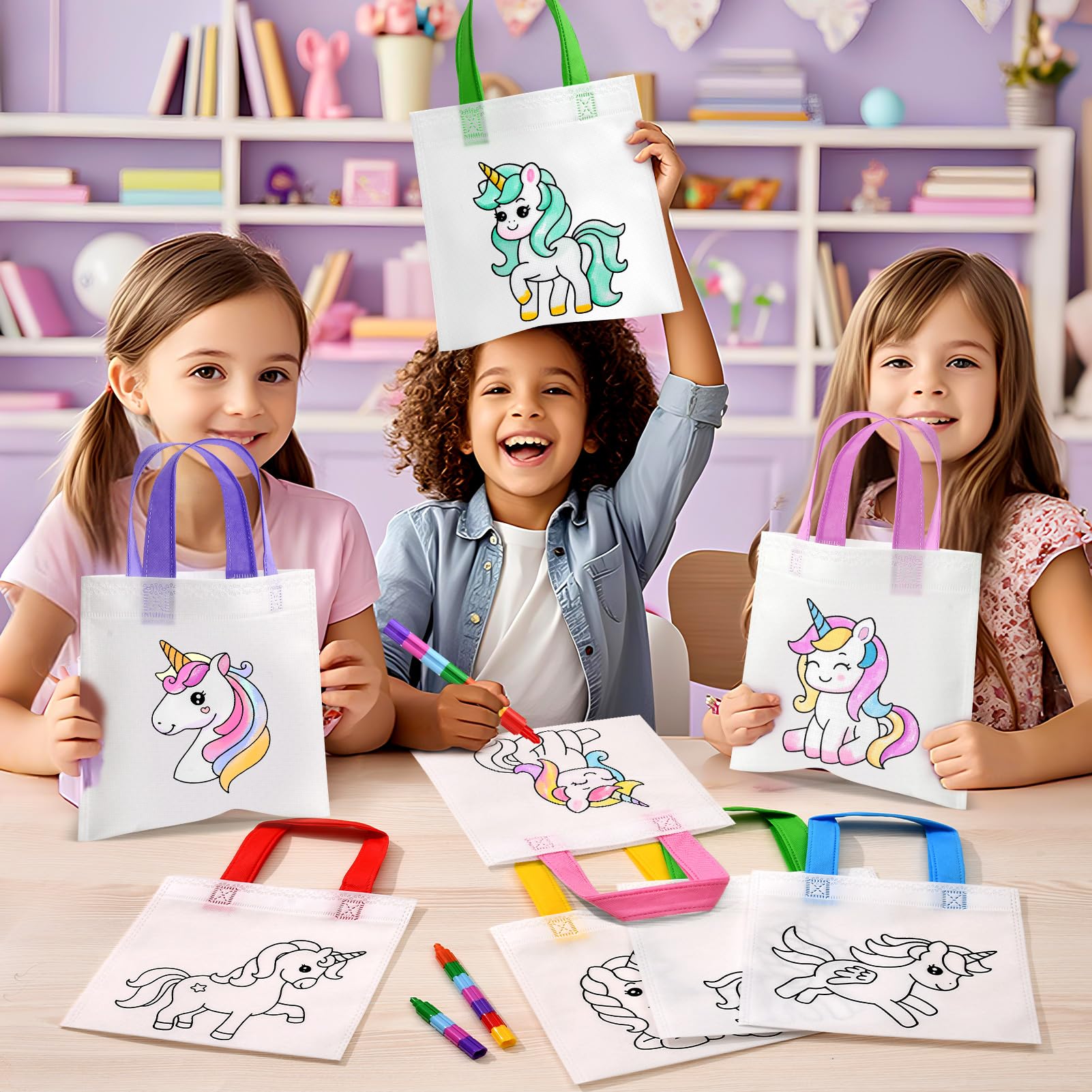 Toyssa 12pcs Sacs Licorne Dino Animaux à Peindre pour Enfants avec Crayons Empilables Set Créatif DIY Cadeaux d'Anniversaire