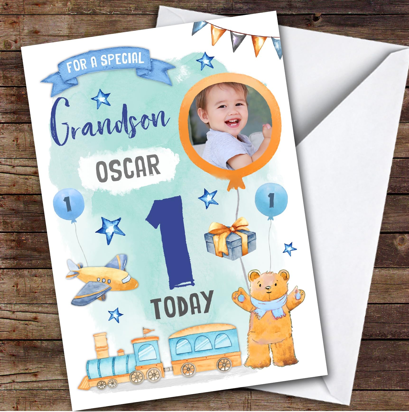 Baby Toys Gift Photo Grandson 1st Boys Custom Personalised Birthday Card - Personalised Birthday Card For 1st Birthday, Custom Birthday Card