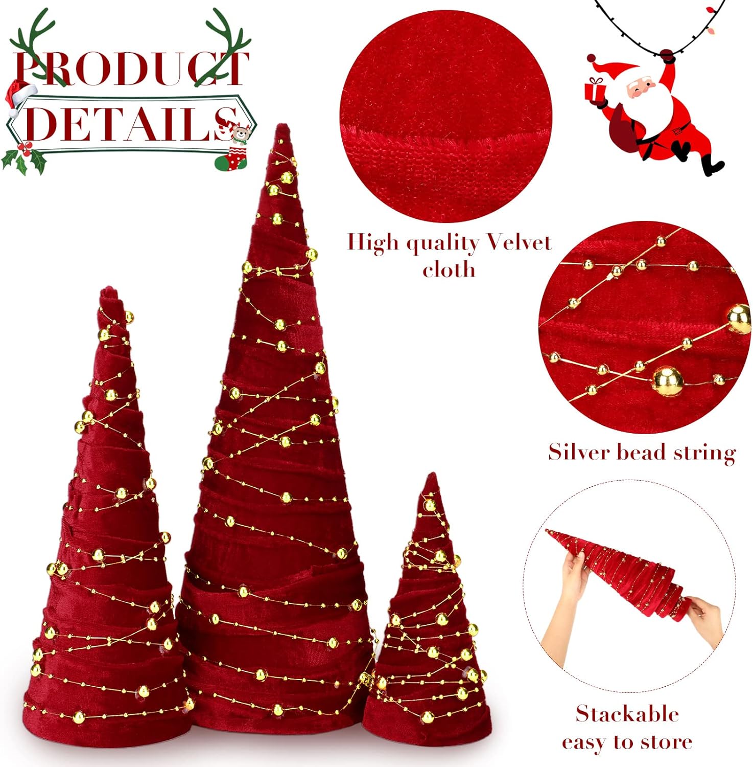 3 Pieces Christmas Velvet Trees Set with Bead String Christmas Tree Decorations Modern Mantle Decor for Entryway Decor, Christmas Home Decor, Farmhouse Home Decor (Red, Gold Bead String)