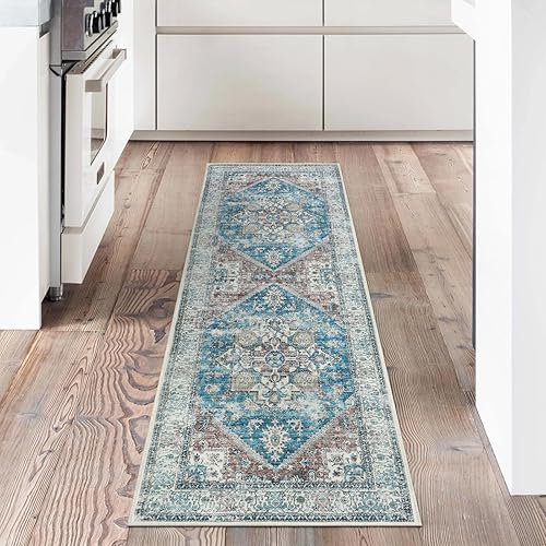 Miniatura 5 de Moespace Alfombra lavable de 2 x 6 pies, alfombra de entrada pequeña bohemia para interiores, tapete para pasillo, tapete desgastado con estampado,