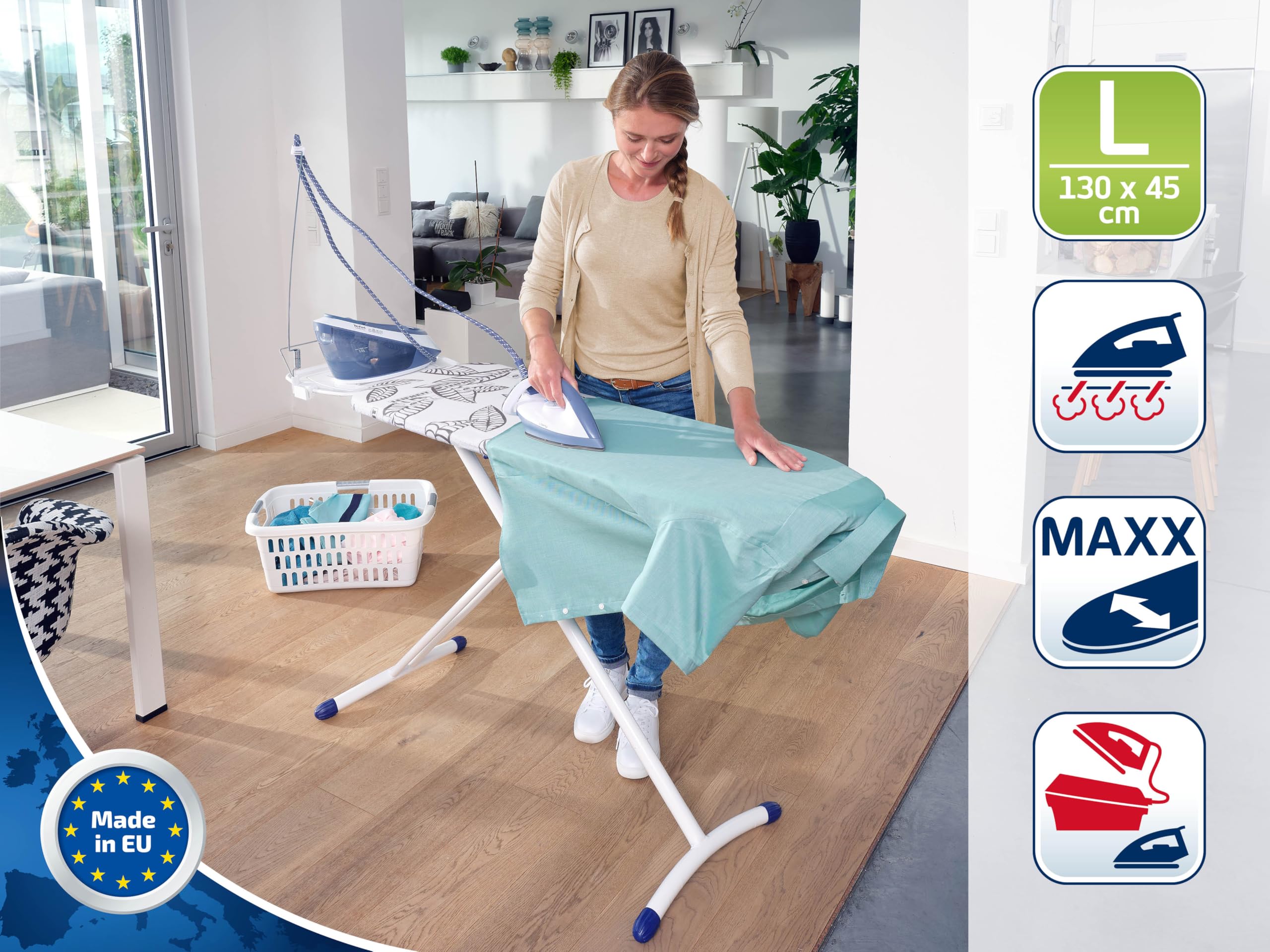 Leifheit Bügelbrett AirBoard Express L MAXX Solid, geeignet für Dampfstationen, extragroßer Bügeltisch mit Baumwoll-Spezialbezug für bessere Dampfverteilung, Dampfbügelbrett, ultraleichte Bügelfläche