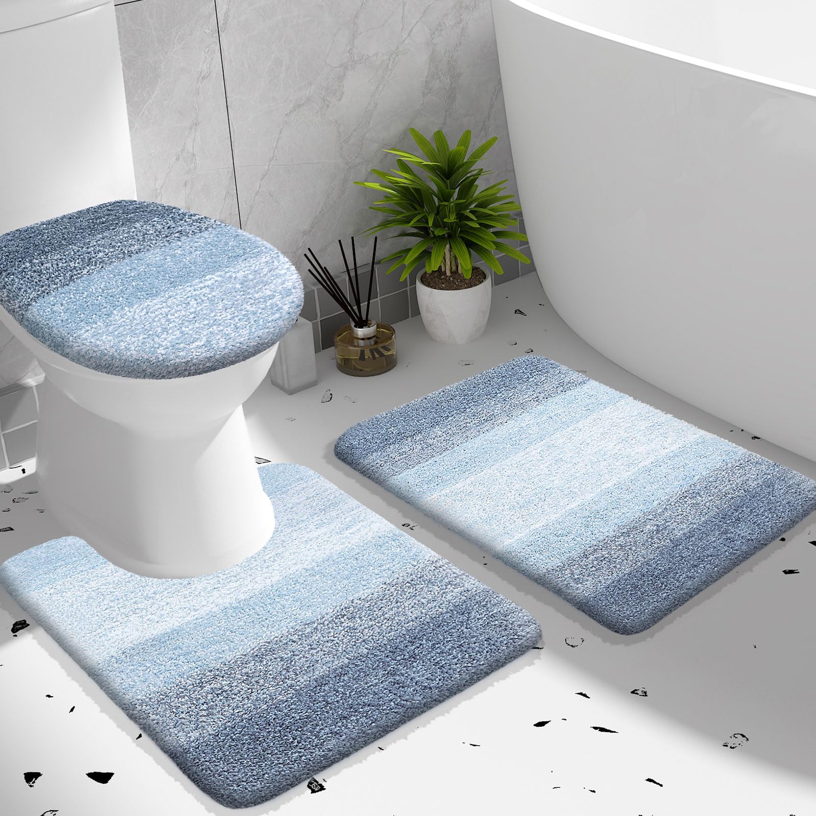 OLANLY Microfiber Bathroom Rugs Sets with Toilet Lid Cover, 3 Piece, Blue