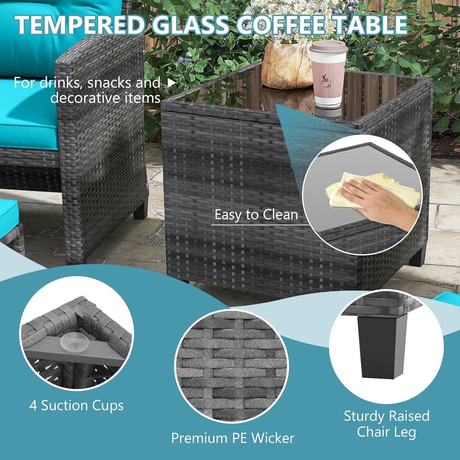 ORALNER 5 Pieces Patio Furniture Set with Ottoman, Wicker Conversation Set w/Cushions, Glass Coffee Table, Outdoor Lounger Rattan Chairs Bistro Set for Porch Balcony Garden Deck Poolside (Turquoise)