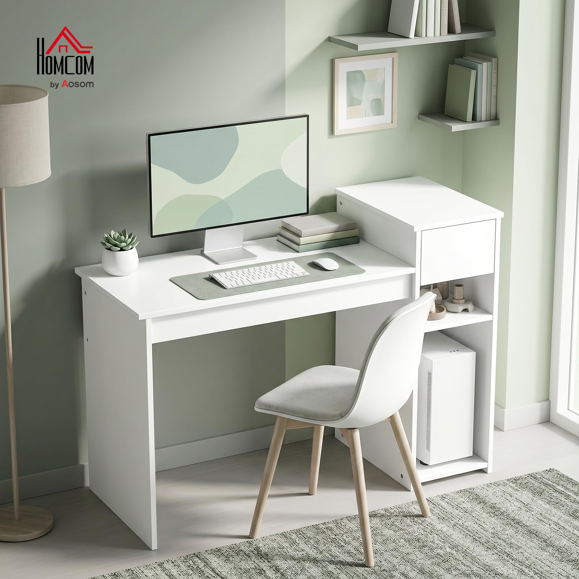HOMCOM Scrivania Salvaspazio Moderna con Cassetto e Spazio per PC Tower, Scrivania con Scaffale in Legno, Tavolo Porta PC per Computer, per Ufficio, Studio e Camera da Letto, 108x50x82cm, Bianco